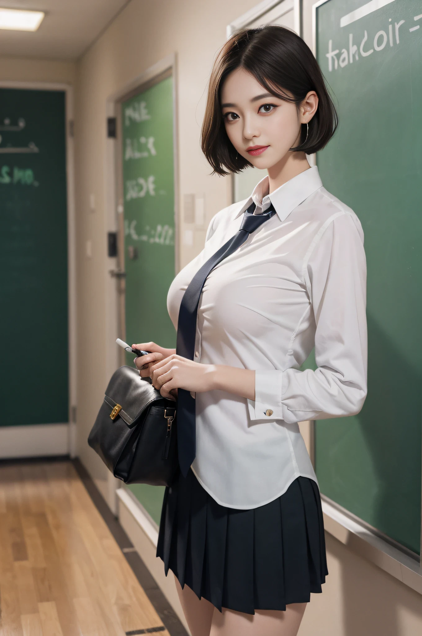 holding an indicator stick in hand, absolute area, school uniform, shirt, blazer, ribbon tie, skirt, school, hallway in front of classroom, chest protruding pose, 8K RAW photo, high resolution, Korean, very big round breasts, beautiful eyes in detail, long eyelashes, beautiful double eyelids, eyeshadow, eyeliner, cut eyes, elongated eye shape, Sanpaku eyes, dark eye makeup, evil smile, beautiful thin legs, random short hair, hair tied behind the head, earrings, light brown hair,