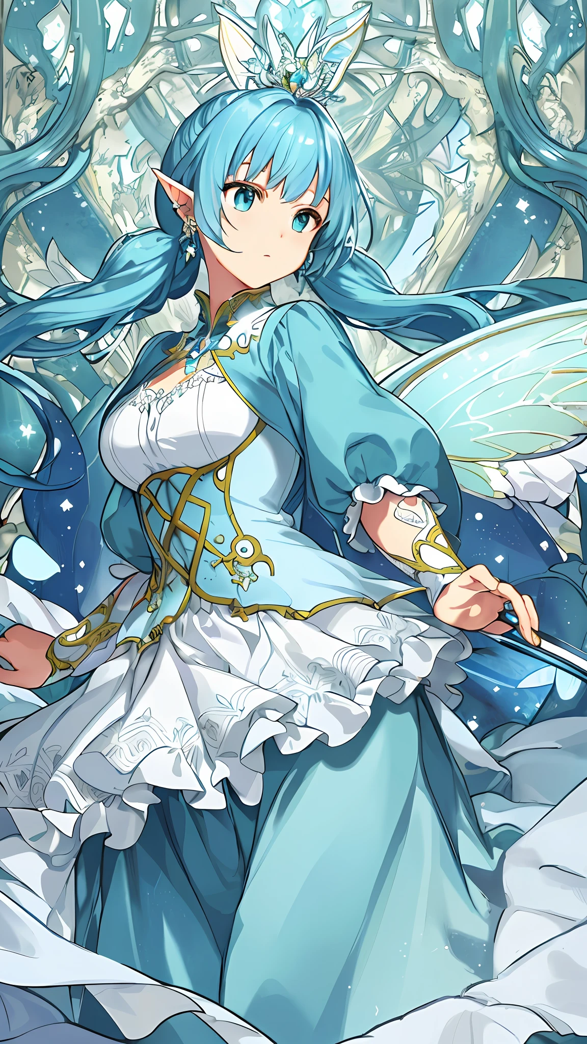 (((masterpiece))),(((best quality))),((ultra-detailed)),(illustration),((extremely delicate and beautiful)),angledynamic,floating,(beautiful and detailed eyes),(detailed light) (1girl), solo , floating_hair, glowingeyes, blue hair, greeneyes, twintails, halterdress, atdan, fairy kingdom background, pointed ear with lots of earrings, fairy wing on the back, large breasts, healing power, holding sword, strong glow, big mouth, small nose, fairy princess,