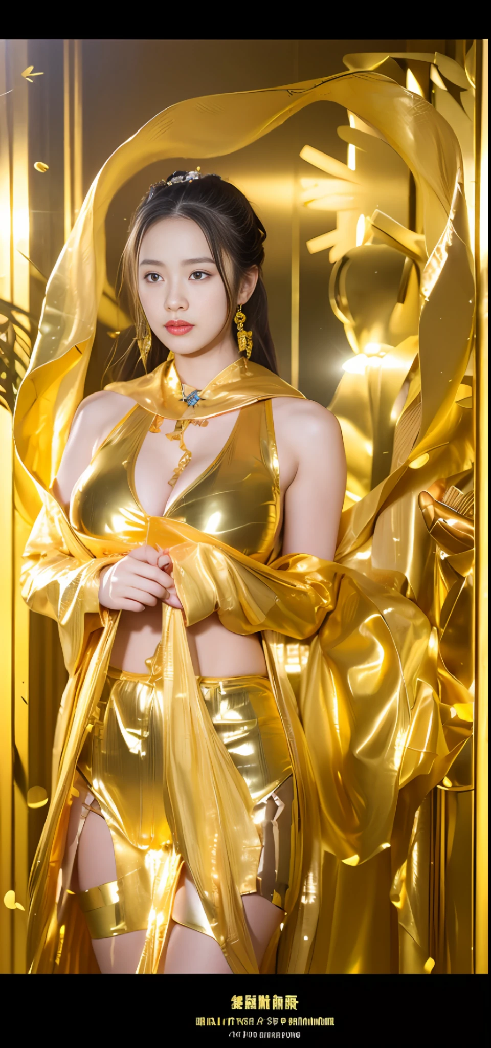 1girl, masterpiece, highly detailed CG Unity 8K wallpaper, highest quality, lifelike, RAW photos, stunning, detailed, award-winning photos, cinematic lighting, (gravure photography), (long shot), (beautiful girl worships), balanced body, (full body), delicate hands, (anatomically correct hands) (small face, slim, petite, slender body), ( Big), (Side), (Breasts), (Colossal), (Arm Exposed) (Thighs Exposed) (Cleavage) (Guanyin Bodhisattva Cosplay) (Guanyin Bodhisattva), (Buddha Statue), (, Beautiful Girl) Solo, (Golden See-Through Leotard), (Golden Mesh Stockings), (Golden Garter Stockings), (Very Small Treasure Crown) (Golden Transparent Fluttering Robes), ( Worship hand to hand in front of the chest), (wall with golden pattern) (golden decorated wall), (golden ancient temple), (full body, standing), (whole body from the front), (palms together to pray), (that there are no people or hands in the background),