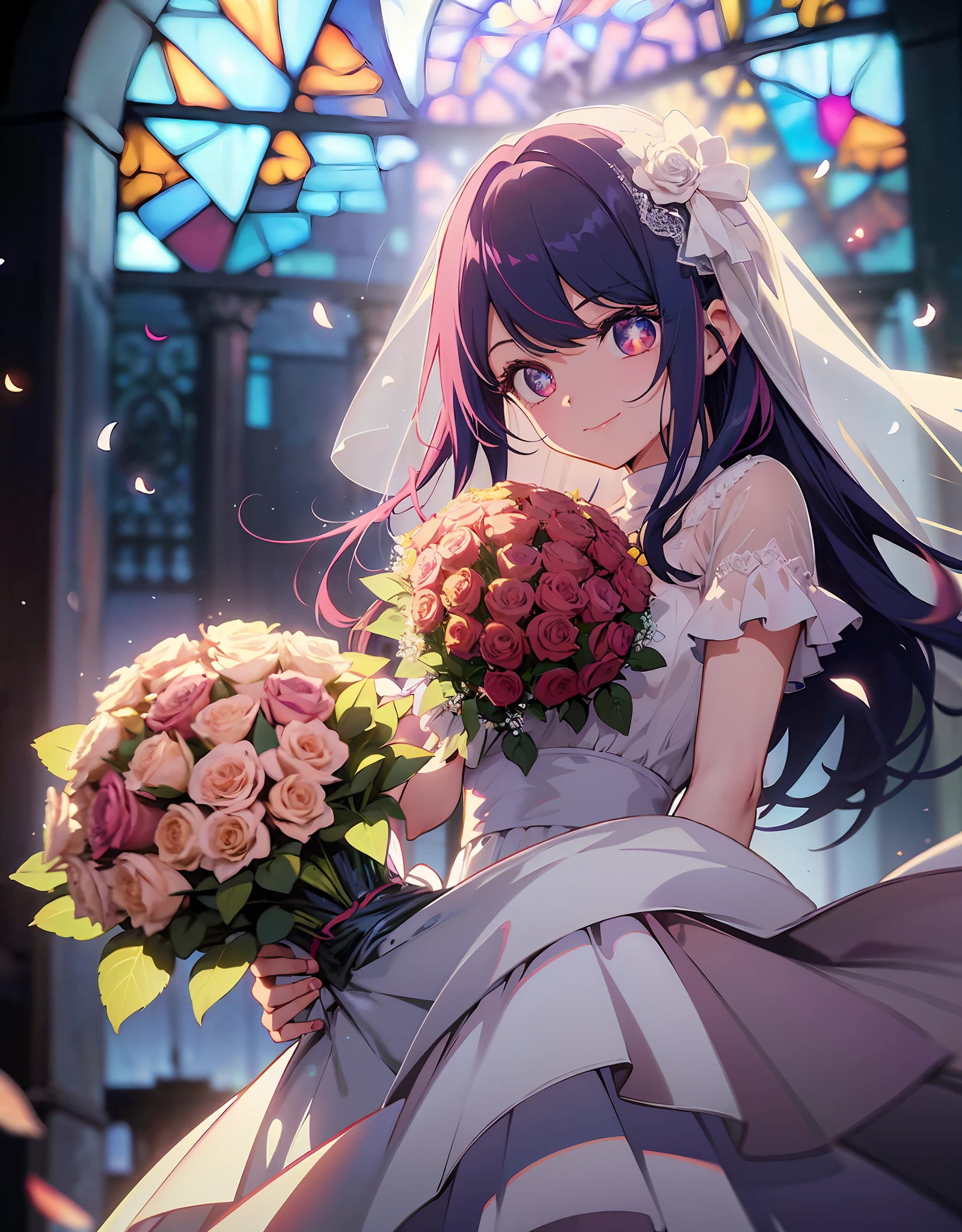 A maiden holding a bouquet: 1.2), , wearing a wedding dress, dress translucent, bride, (finger diamond ring: 1.2), (wedding dress: 1.1), finger cheeks, eyes glowing eyes, floating hair, holding a bouquet, (faint smile: 1.3), magical girl, (church), stained glass background, (rose petals), fantasy, looking at the audience, (Particles: 0.7), Side Light, (Tyndall Light), (Masterpiece, Flat Color, Color: 1.0), (Best Quality: 1.2), (High Accuracy: 1.1), 8K Resolution, Rich Detail, Perfect Light and Shadow, Clear Background, Noise Reduction