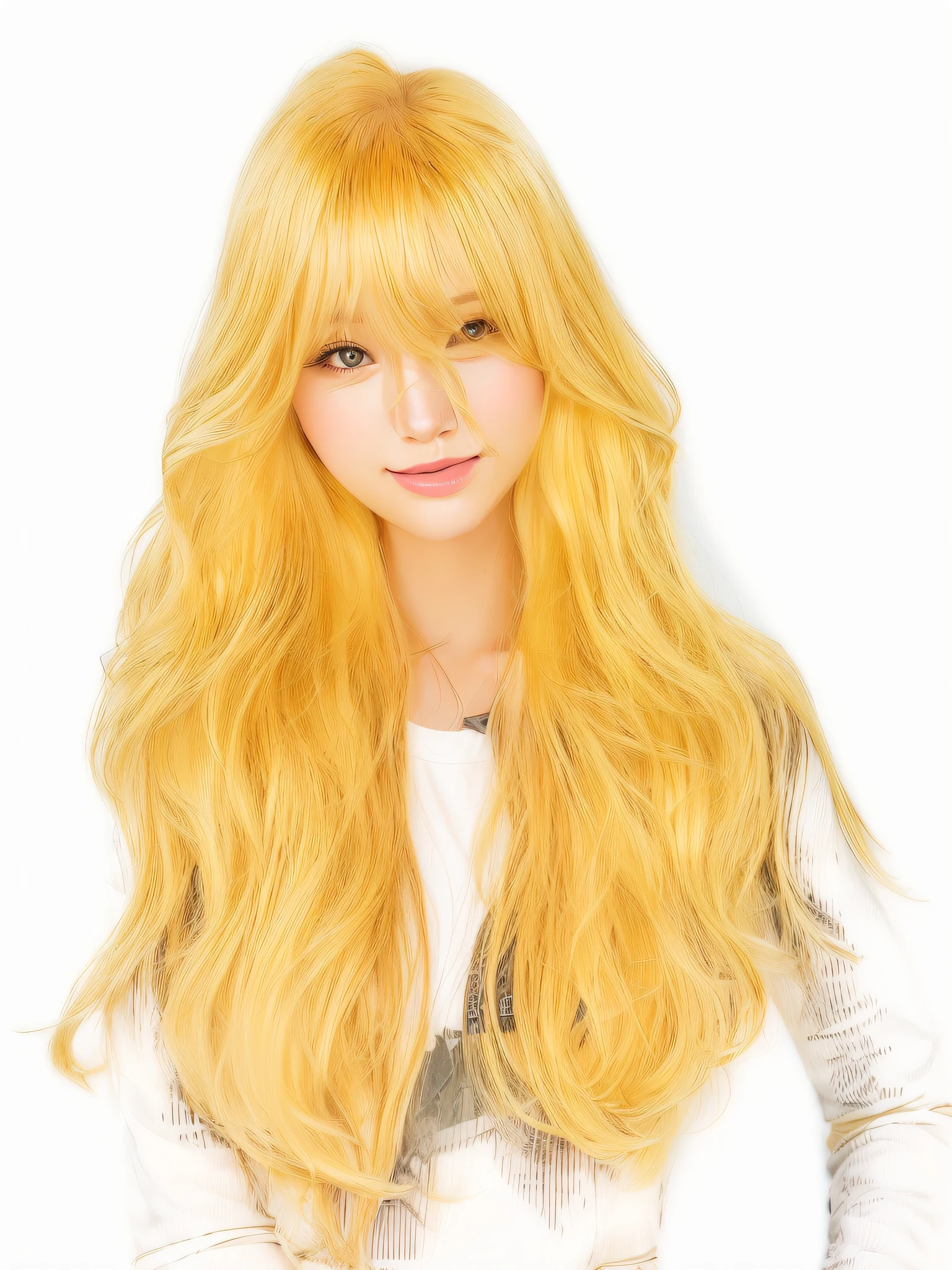 Milk tea blonde long hair girl, big golden waves, fluffy big waves, golden bangs, golden air bangs, realistic art style, art style in bovot, realistic art style, wavy