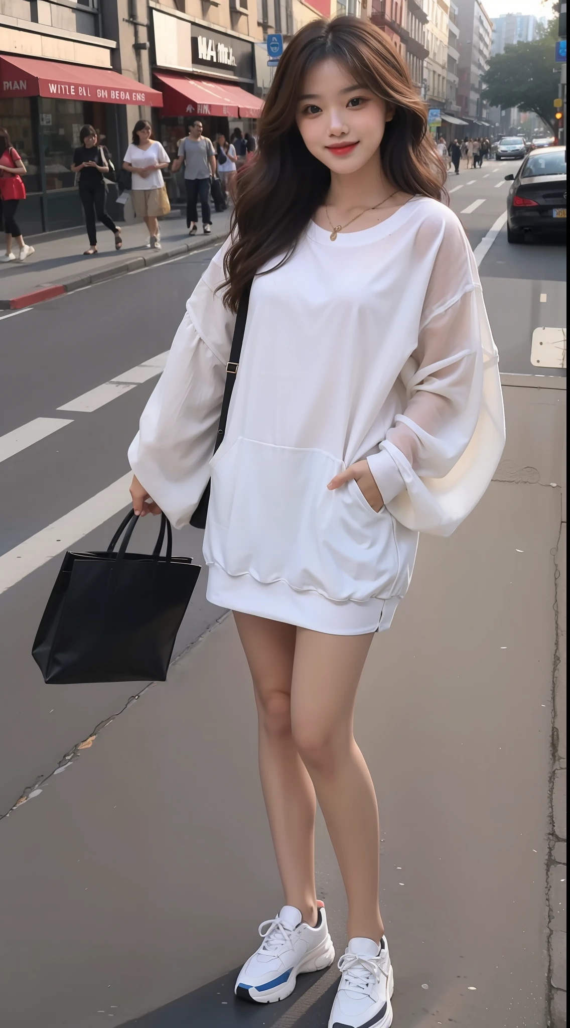Single, Brunet, Best Quality, Full Body Shot, Big Miss, Smile, Long Hair, Wavy Head, Bustling Street, Fashion Clothing, Summer