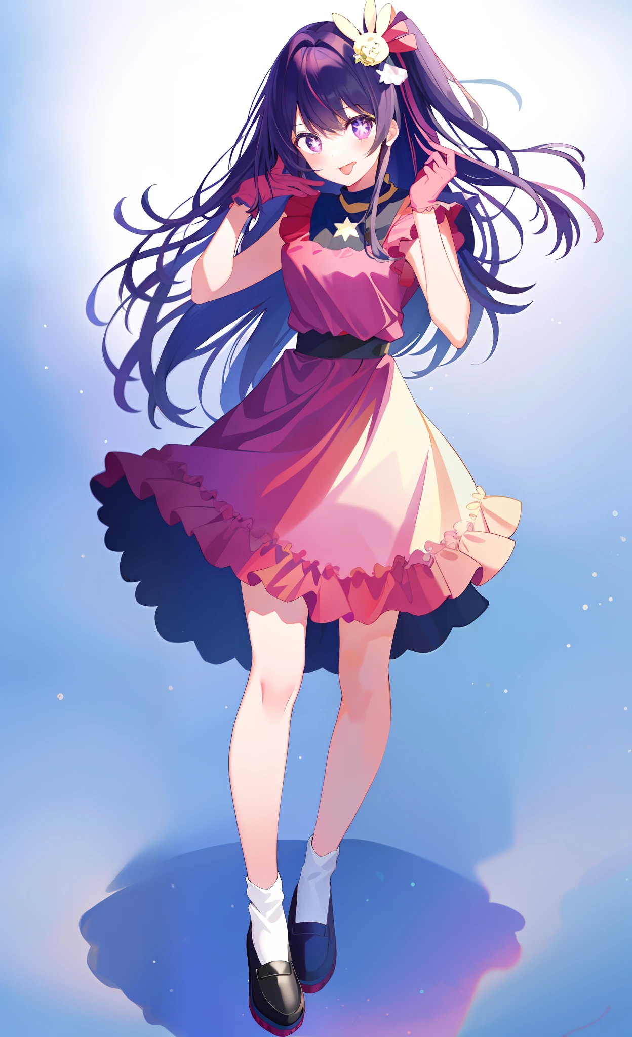 1girl, full body,
, illustration, (masterpiece), (best quality), (ultra_detailed), finely detail,
HshinoAi,gloves, tongue out, tongue, long hair, star \(symbol\), looking at viewer, (purple hair:1.2), purple eyes, hair ornament, frills, pink shirt, smile, sleeveless, shirt, idol, symbol-shaped pupils, hands up, bangs, one side up, star-shaped white background,
Full body, head to toe standing, entire body, view from afar, head to toe, head to toe, full body, full body, full body photo, perfect hand, perfect hand、wakame,wakame,wakame,wakame,wakame,wakame,wakame,wakame,wakame,wakame,