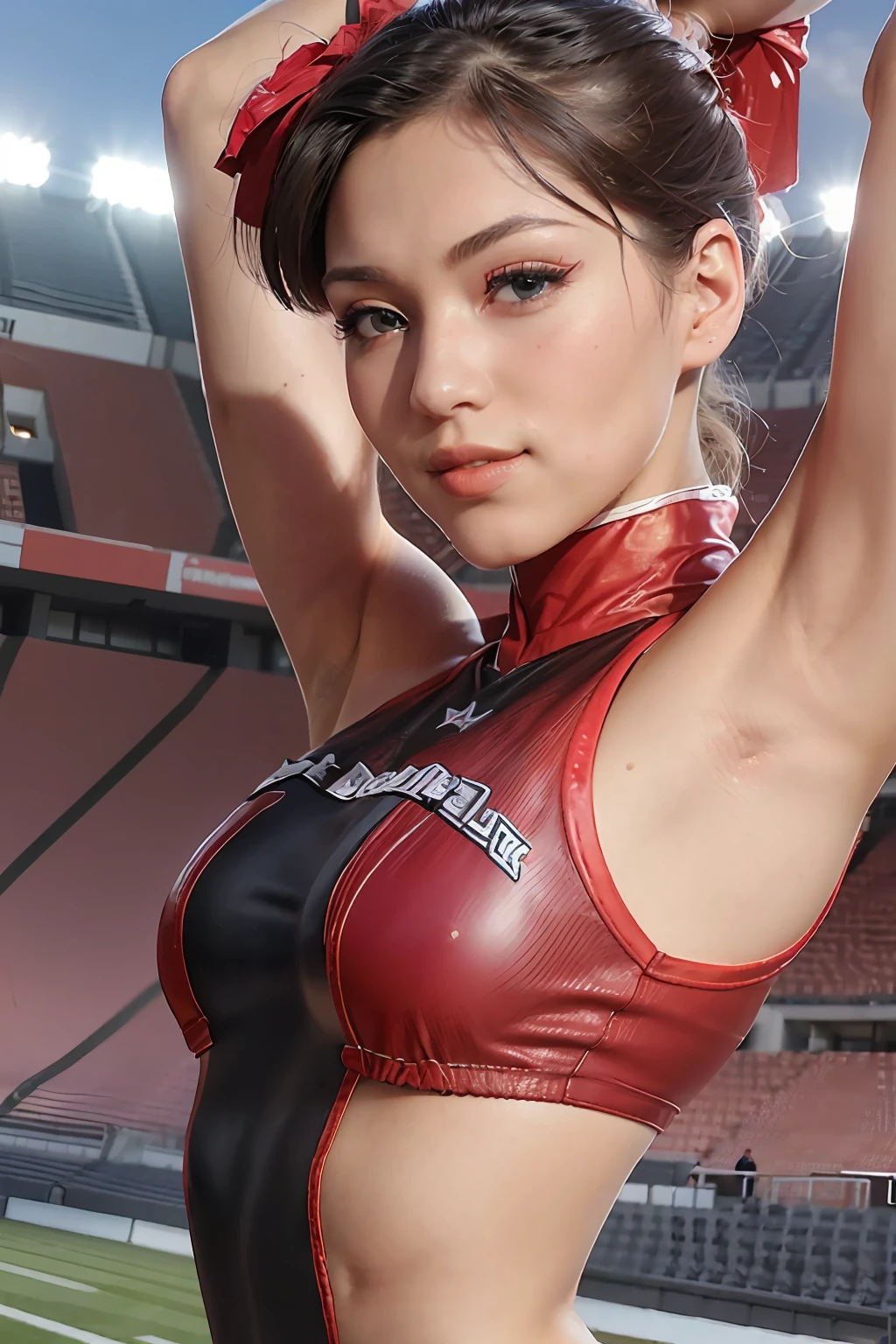 ((Best Quality, 8k, photo realistic:1.4, Masterpiece)), back Lighting, highly detailed facial textures women, 18yo, (((red Cheerleader:1.2))), ((Stadium Background: 1.2)), arm up, ultra-detailed skin, beautiful make up, detailed eyes, smile, open mouth, shiny black messy short hairstyles,