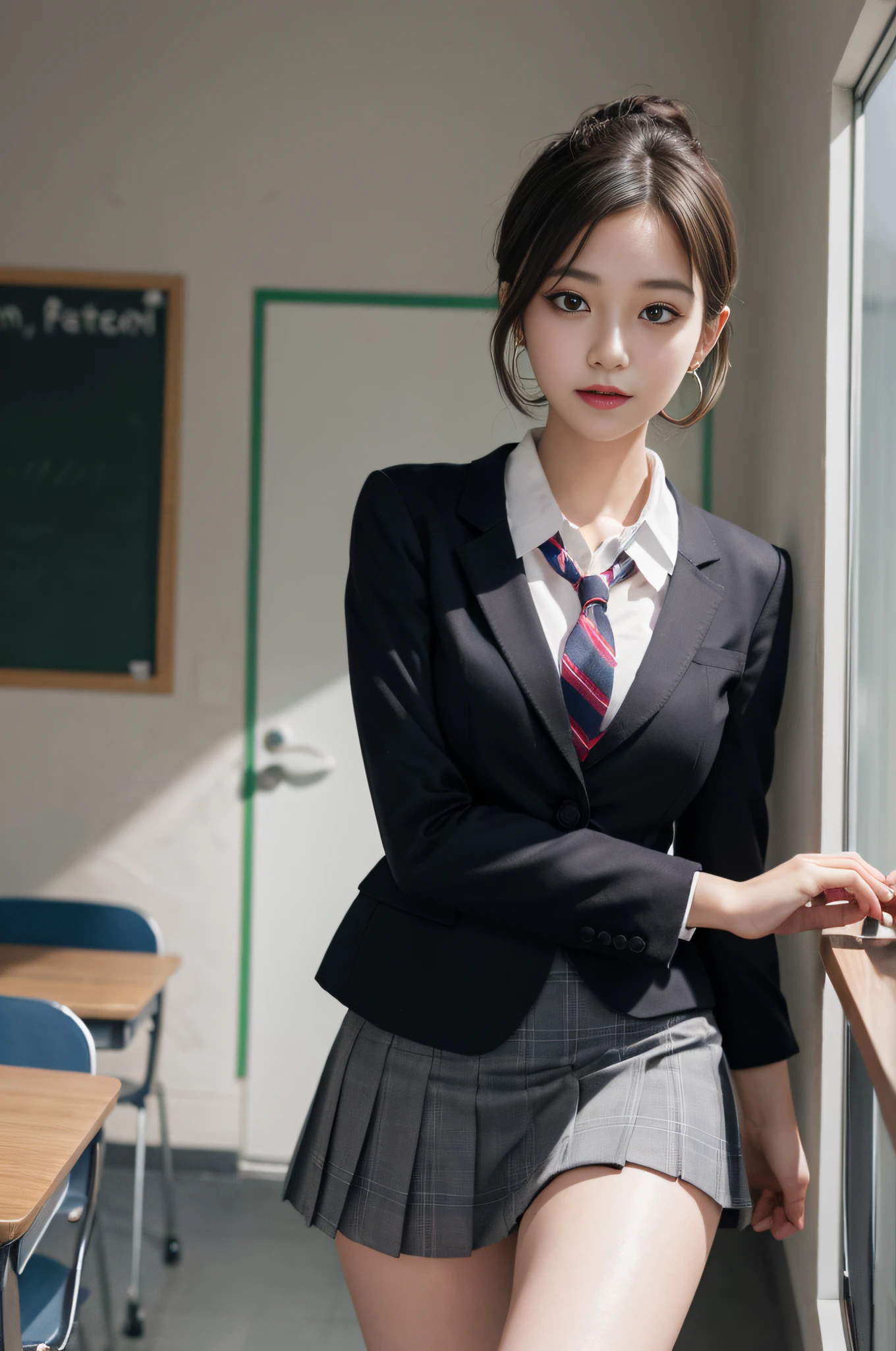 holding a whip in hand, school uniform, shirt, blazer, ribbon tie, skirt, school, corridor in front of classroom, chest thrusting pose, 8K RAW photo, high resolution, 15 year old Korean, very big round breasts, beautiful eyes in detail, long eyelashes, beautiful double eyelids, eyeshadow, eyeliner, slender eyes, elongated eye shape, sanpaku eyes, dark eye makeup, evil smile, beautiful thin legs, random shorthair, hair tied behind the head, earrings, light brown hair,