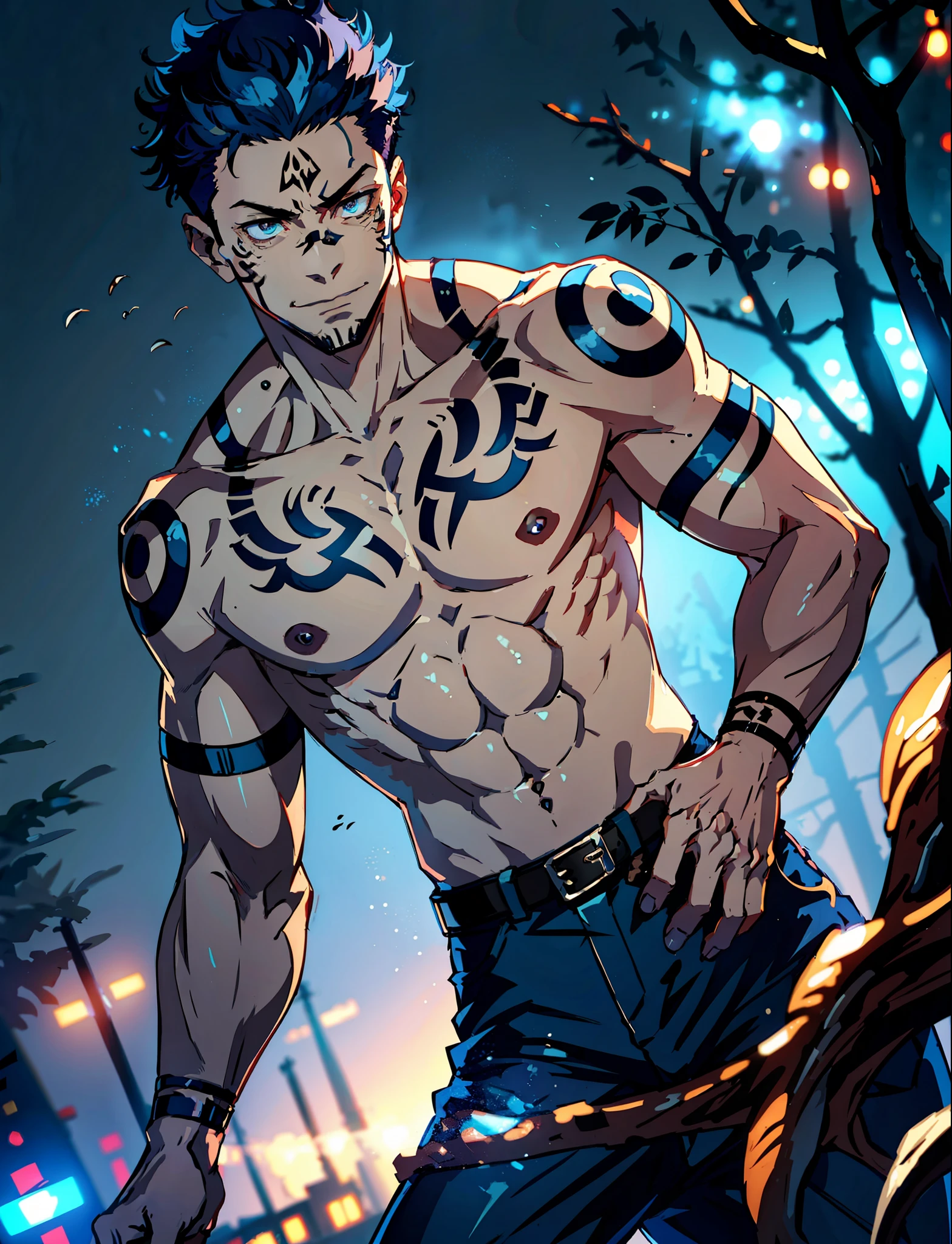 (masterpiece, best quality:1.2), cowboy shot, solo, male focus, 1boy, sukuna, tattoo_on_his_face, manly, full body, dark-blue hair, night city background, eye focus, 8k, intricate details, leather,