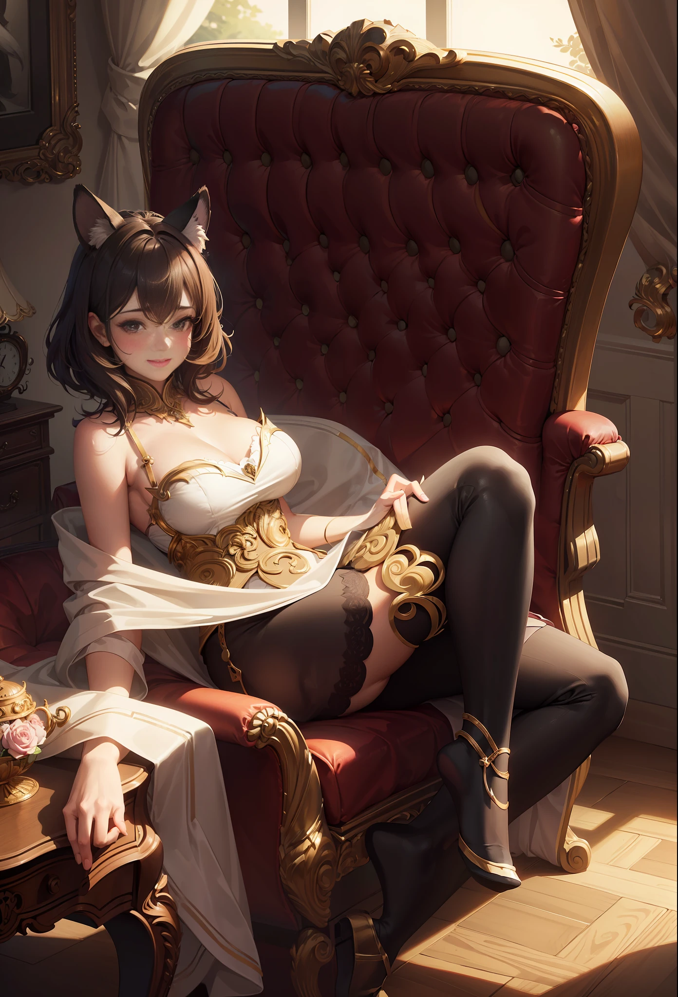 Bedroom, Chair, (Young Face:1.2), (Kemono Ear:1.2), Midchest, Smile, Blush,(Perfect Body:1.1)(Short Wavy Hair:1.2)Full Body Shot,(Very Elaborate CG 8K Wallpaper)(Very Elaborate CG 8K Wallpaper),(Very Delicate and Beautiful),(Masterpiece),(Best Quality):1.0)(Ultra High Definition:1.0),[High Definition],Detailed Skins, Ultra Detailed ((Colorful)),