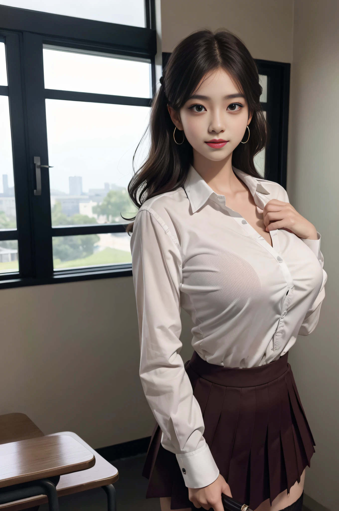 holding a whip in hand, school uniform, shirt, blazer, ribbon tie, skirt, school, corridor in front of classroom, chest thrusting pose, 8K RAW photo, high resolution, 15 year old Korean, very big round breasts, beautiful eyes in detail, long eyelashes, beautiful double eyelids, eyeshadow, eyeliner, slender eyes, elongated eye shape, sanpaku eyes, dark eye makeup, evil smile, beautiful thin legs, random shorthair, hair tied behind the head, earrings, light brown hair,