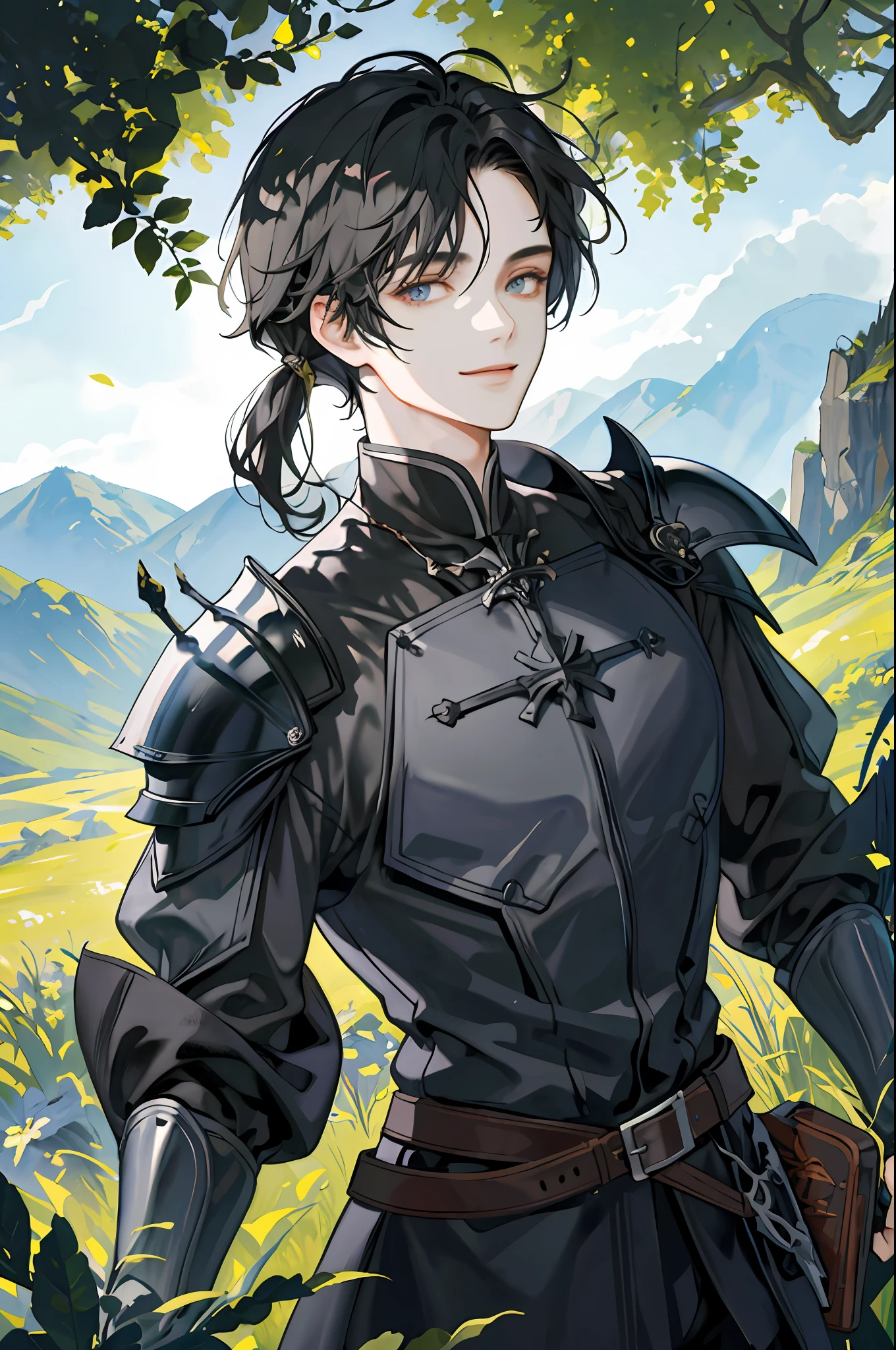 ((Masterpiece: 1.2, highest quality)), ((2 men)), Tough Black Knight, 30 years old, short black hair, scar on right eye, black armor, fantasy, forest, blooming flowers, sunlight, fantastic light and shadow, landscape, highly detailed face, portrait, smile