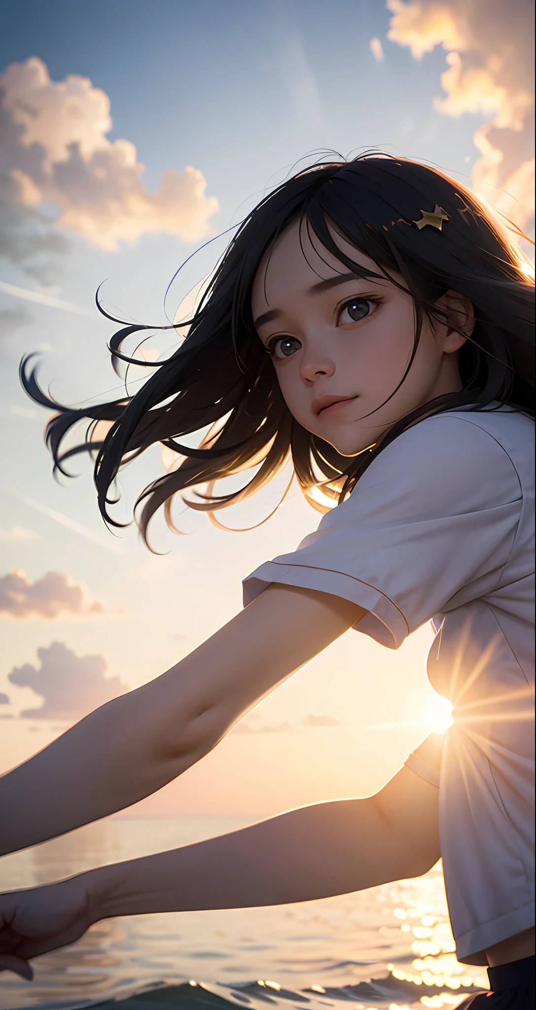 masterpiece, best quality, movie still, 1girl, cloud girl, floating in the sky, close-up, bright, happy, warm soft lighting, sunset, (sparks:0.7)