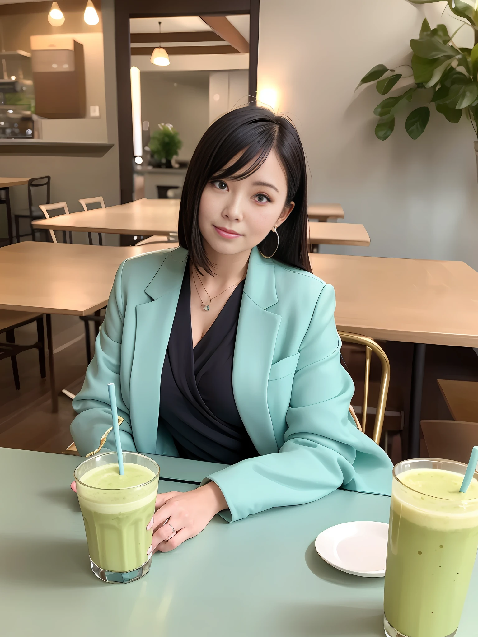 Woman sitting at table holding cup of matcha smoothie, pale blue Chanel collarless jacket, Mayumi Wakamura, adult woman, expression, Matcha with loptin, tsuyu from twice, drink, 🍸🍋
