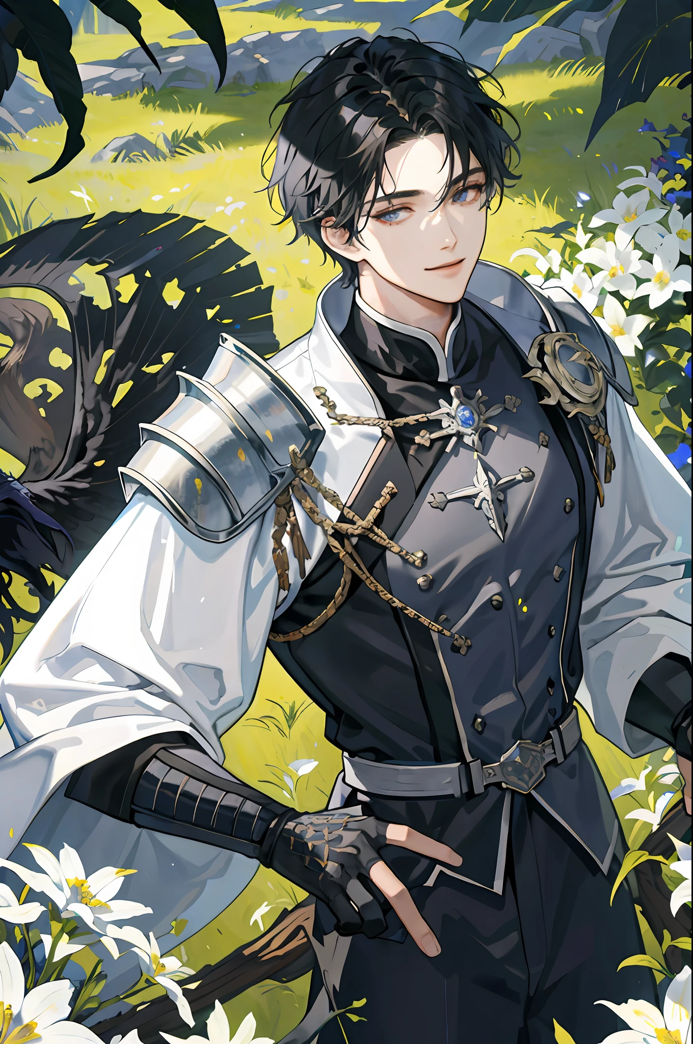 ((Masterpiece: 1.2, best quality)), ((2 men)), nice middle, muscular, valiant, strong, black knight, short black hair, uniform, white robe, scar on right eye, black armor, fantasy, forest, blooming flowers, sunlight, fantastic light and shadow, landscape, highly detailed face, portrait, smile
