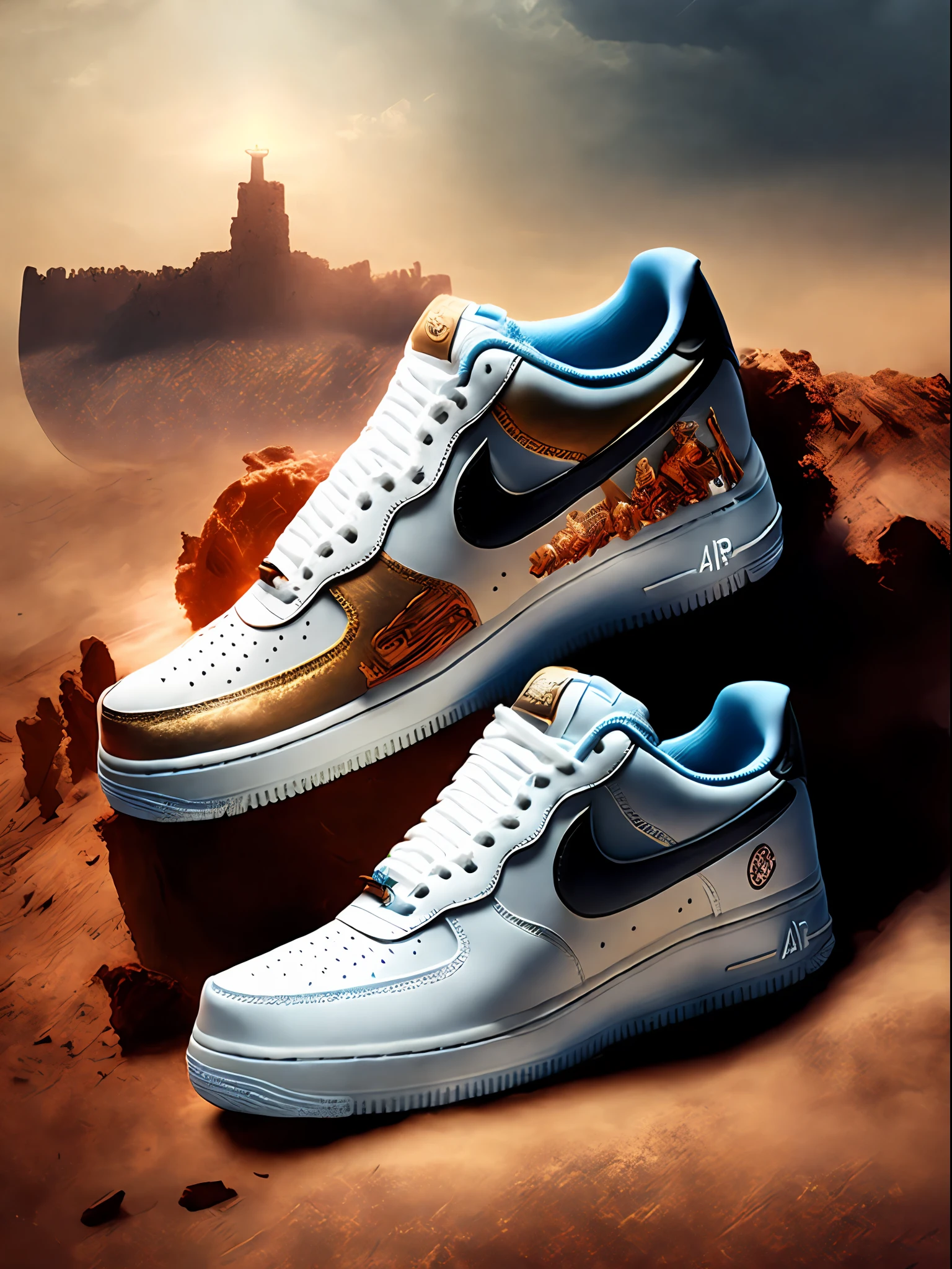 Sneaker design: Air Force 1 Low, Jesus background, ancient battlefield, movie special effects