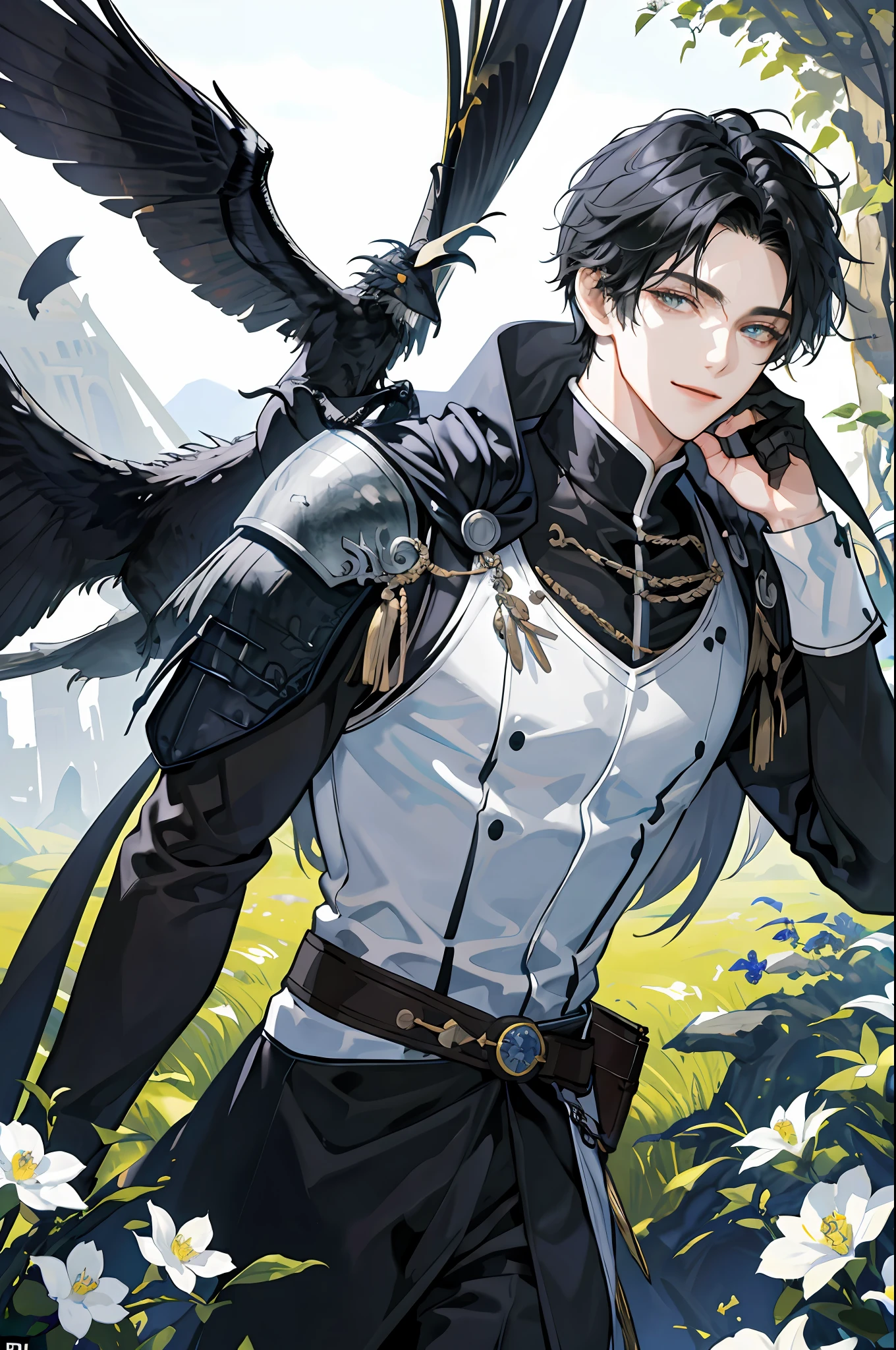 ((Masterpiece: 1.2, best quality)), ((2 men)), nice middle, muscular, valiant, strong, black knight, short black hair, uniform, white robe, scar on right eye, black armor, fantasy, forest, blooming flowers, sunlight, fantastic light and shadow, landscape, highly detailed face, portrait, smile