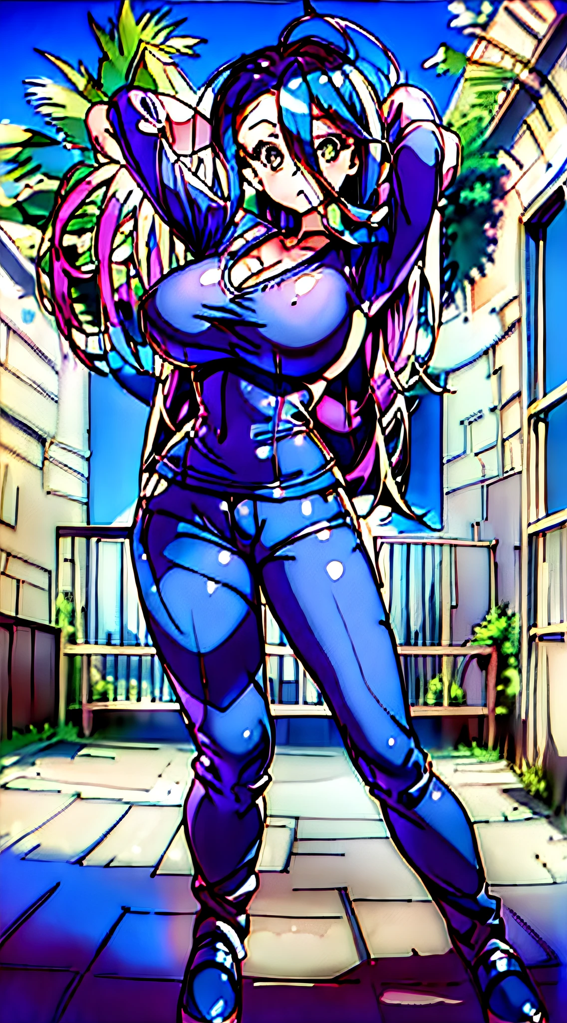 (Best quality, masterpiece:1.2) li, short, petite, blue sky, serious face, full body, standing, arms up, arched back, pants, open shirt, breasts out, areola, puffy nips, bare legs, perky breasts, huge breasts, curvy