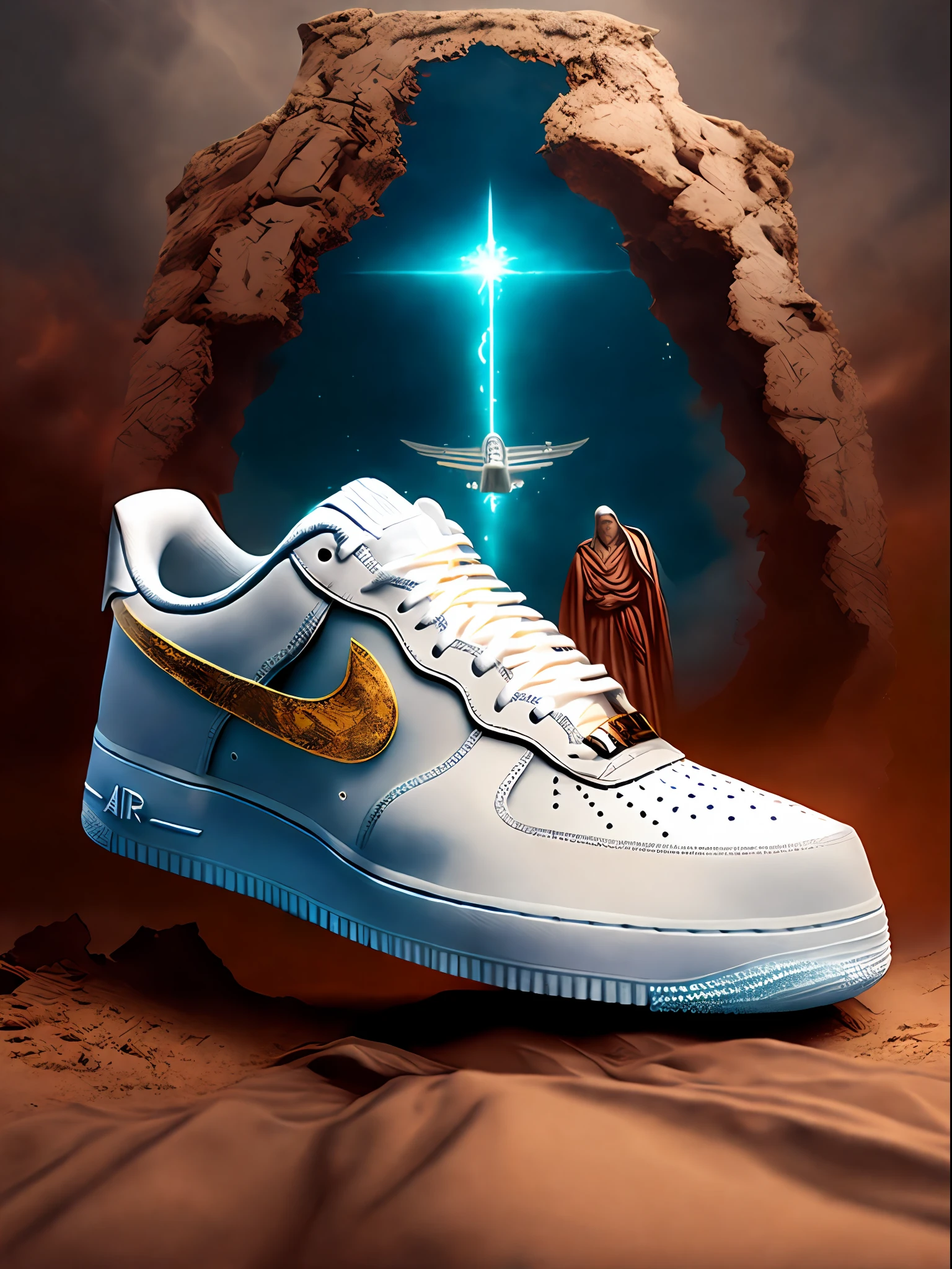 Sneaker design: Air Force 1 Low, Jesus background, ancient battlefield, movie special effects