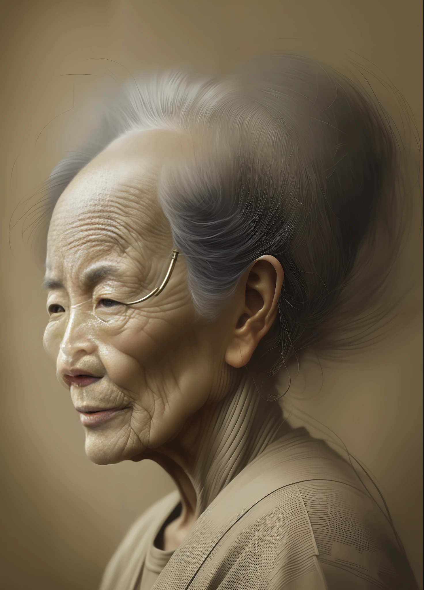 intricate pencil sketch mugshot of an old china woman with wrinkles: Tom Bagshaw, Zdzislaw Beksinski, Yoshitaka Amano, Raffaello Ossola, Martin Wittfooth, Luigi Spano, Vladimir Kush :: stunning interpretive visual