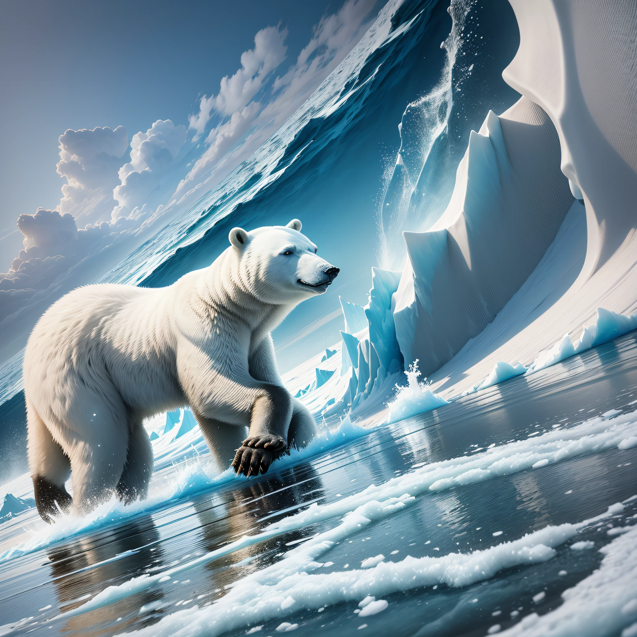 (Excellent picture effects), (High quality images), (Bright details), (Dynamic angles), (Environment: Arctic), (A polar bear), Glacier snow, ice water shallows, Icebergs (large and spectacular). --auto --s2