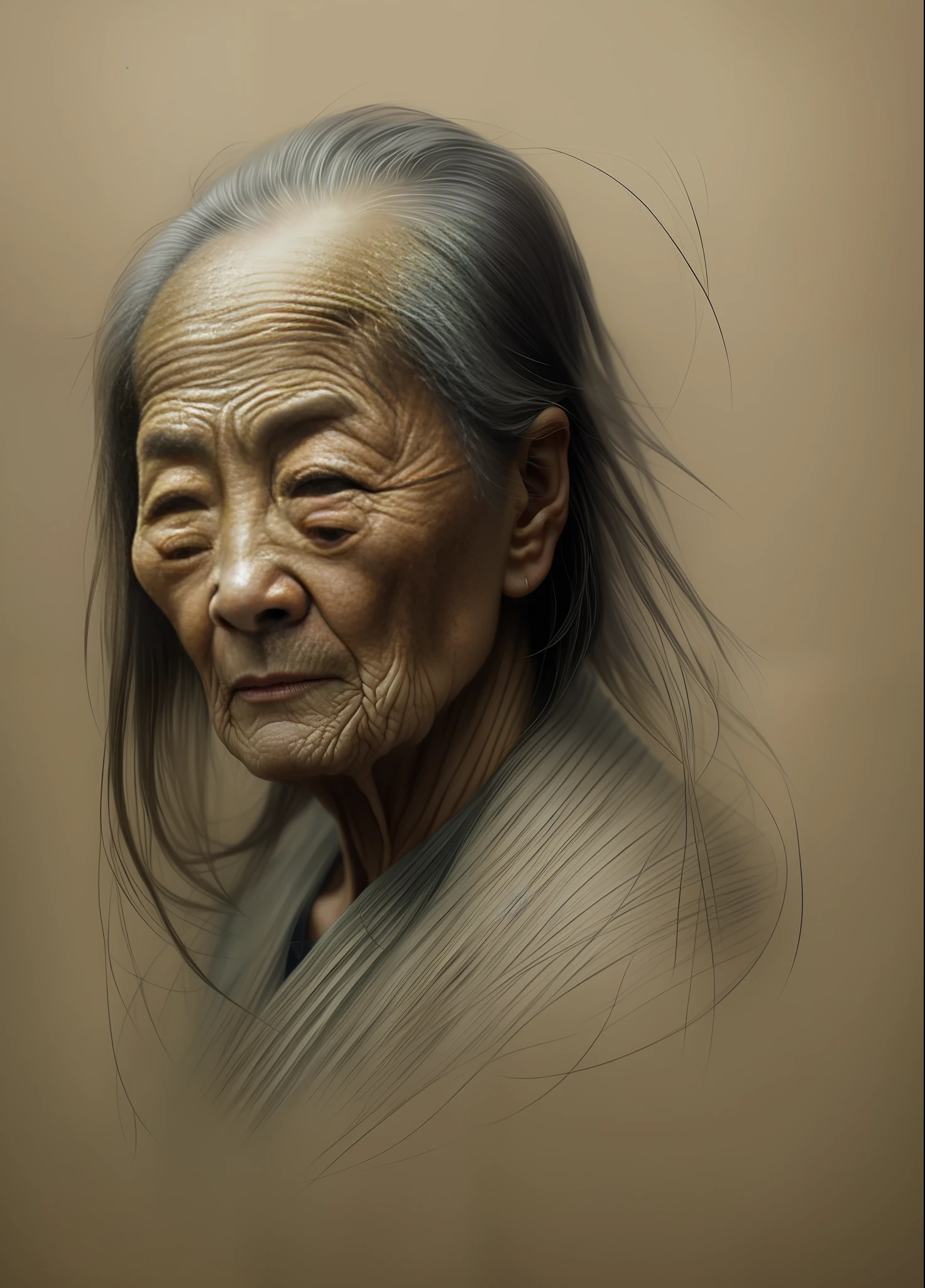 intricate pencil sketch mugshot of an old china woman with wrinkles: Tom Bagshaw, Zdzislaw Beksinski, Yoshitaka Amano, Raffaello Ossola, Martin Wittfooth, Luigi Spano, Vladimir Kush :: stunning interpretive visual