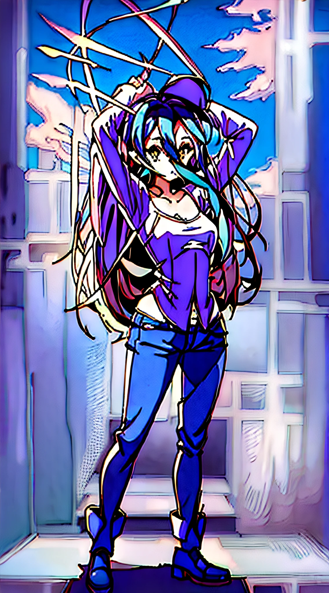 (Best quality, masterpiece:1.2) li, short, petite, blue sky, serious face, full body, standing, arms up, arched back, pants, open shirt, breasts out, areola, puffy nips, bare legs, perky breasts, overgrown breasts, curvy