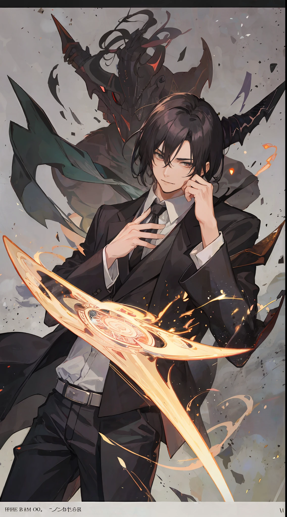 1mature man, black hair, have devil horn, black suit, make it like tarot anime-style but no frame