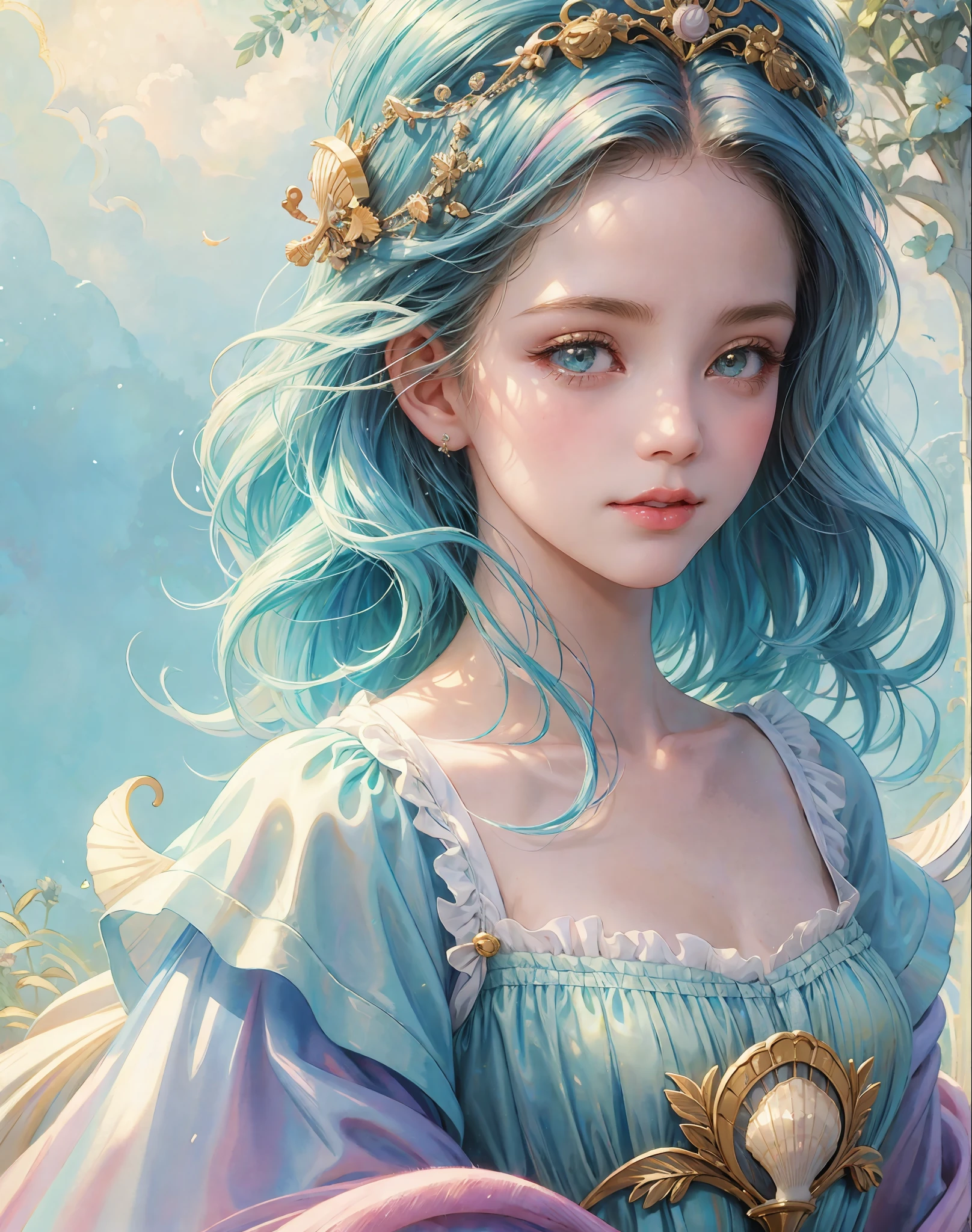 Princess girl with wing, Blue, Pastel, glitter, dramatic, dreamy, pastel, Watercolor, Whimsical, Delicate, seashell crown, Trending on Artstation, Highly detailed, Intricate, Portrait, digital painting, Fantasy theme, Fantasy robes, Fantasy concept art, Fantasy character art, Smug, Teenage girl, perfect body, full body, dreamy, pastel, Watercolor, Whimsical, Delicate, seashell crown, art by loish and lois van baarle, Trending on Artstation, Highly detailed, Intricate, Portrait, digital painting, (Cinematic Photo:1.3) of (Realistic:1.3),(Amusing:1.3) chibi, constellation, (1girl, solo:1.2), (chibi:1.3), eyeliner, eyelashes, looking at viewer, (shiny skin:0.16), (pale skin:0.33), (body blush:0.38), eyes beautiful, anime, realistic, masterpiece, best quality, movie still, cloud girl, floating in the sky, (close-up:1.1), bright, happy, fun, soft lighting,Highly Detailed,(Art Nouveau:1.3),(Baroque Art:1.3),(80s Art:1.3),naturalism,land Art,regionalism,shutterstock contest winner,trending on unsplash,featured on Flickr