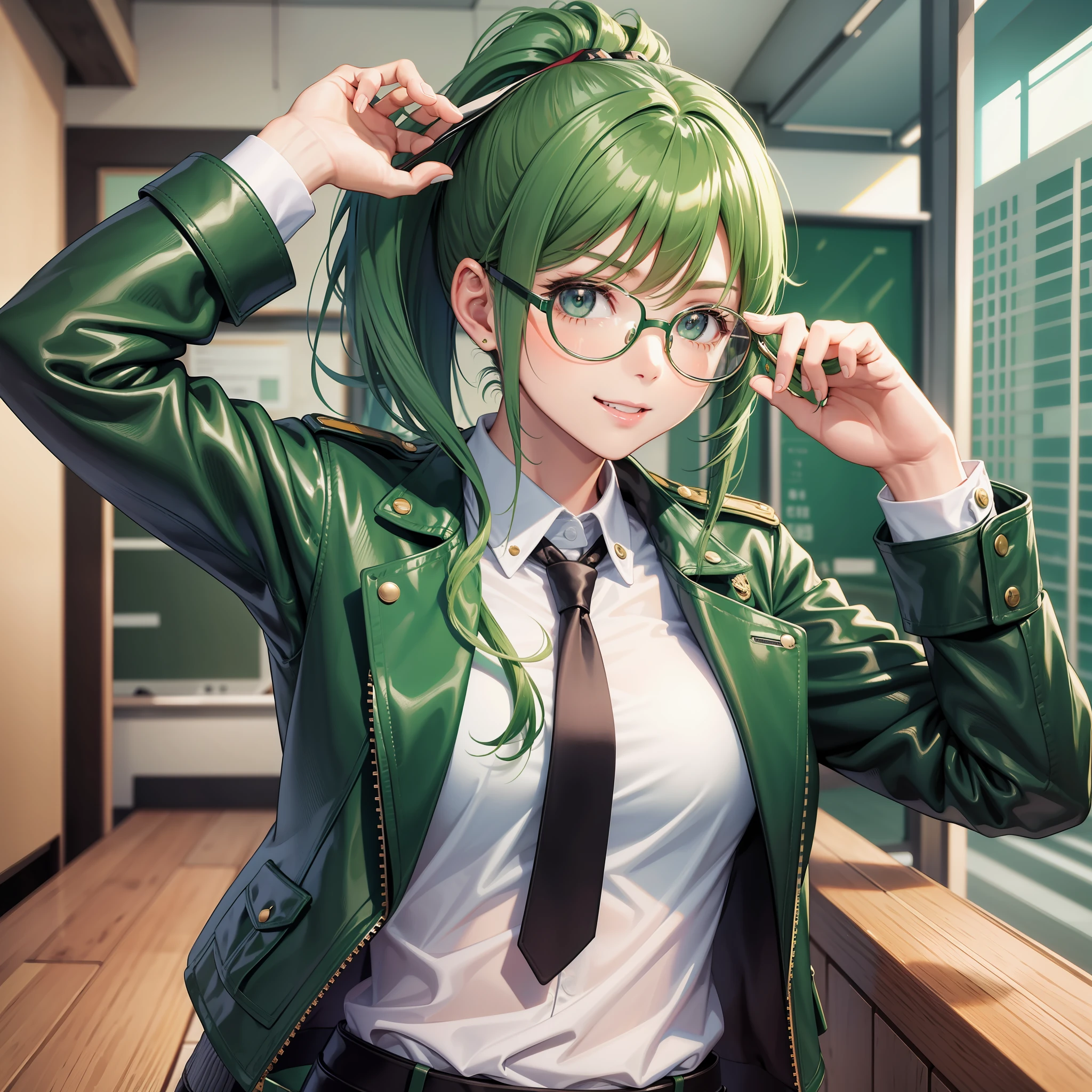 Date Glasses Leather Jacket Girl Green Hair Long Hair Smile Uniform School Ponytail