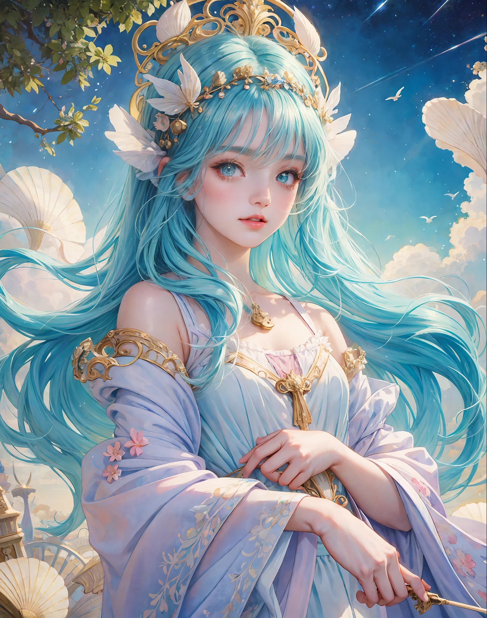 Princess girl with wing, Blue, Pastel, glitter, dramatic, dreamy, pastel, Watercolor, Whimsical, Delicate, seashell crown, Trending on Artstation, Highly detailed, Intricate, Portrait, digital painting, Fantasy theme, Fantasy robes, Fantasy concept art, Fantasy character art, Smug, Teenage girl, perfect body, full body, dreamy, pastel, Watercolor, Whimsical, Delicate, seashell crown, art by loish and lois van baarle, Trending on Artstation, Highly detailed, Intricate, Portrait, digital painting, (Cinematic Photo:1.3) of (Realistic:1.3),(Amusing:1.3) chibi, constellation, (1girl, solo:1.2), (chibi:1.3), eyeliner, eyelashes, looking at viewer, (shiny skin:0.16), (pale skin:0.33), (body blush:0.38), eyes beautiful, anime, realistic, masterpiece, best quality, movie still, cloud girl, floating in the sky, (close-up:1.1), bright, happy, fun, soft lighting,Highly Detailed,(Art Nouveau:1.3),(Baroque Art:1.3),(80s Art:1.3),naturalism,land Art,regionalism,shutterstock contest winner,trending on unsplash,featured on Flickr