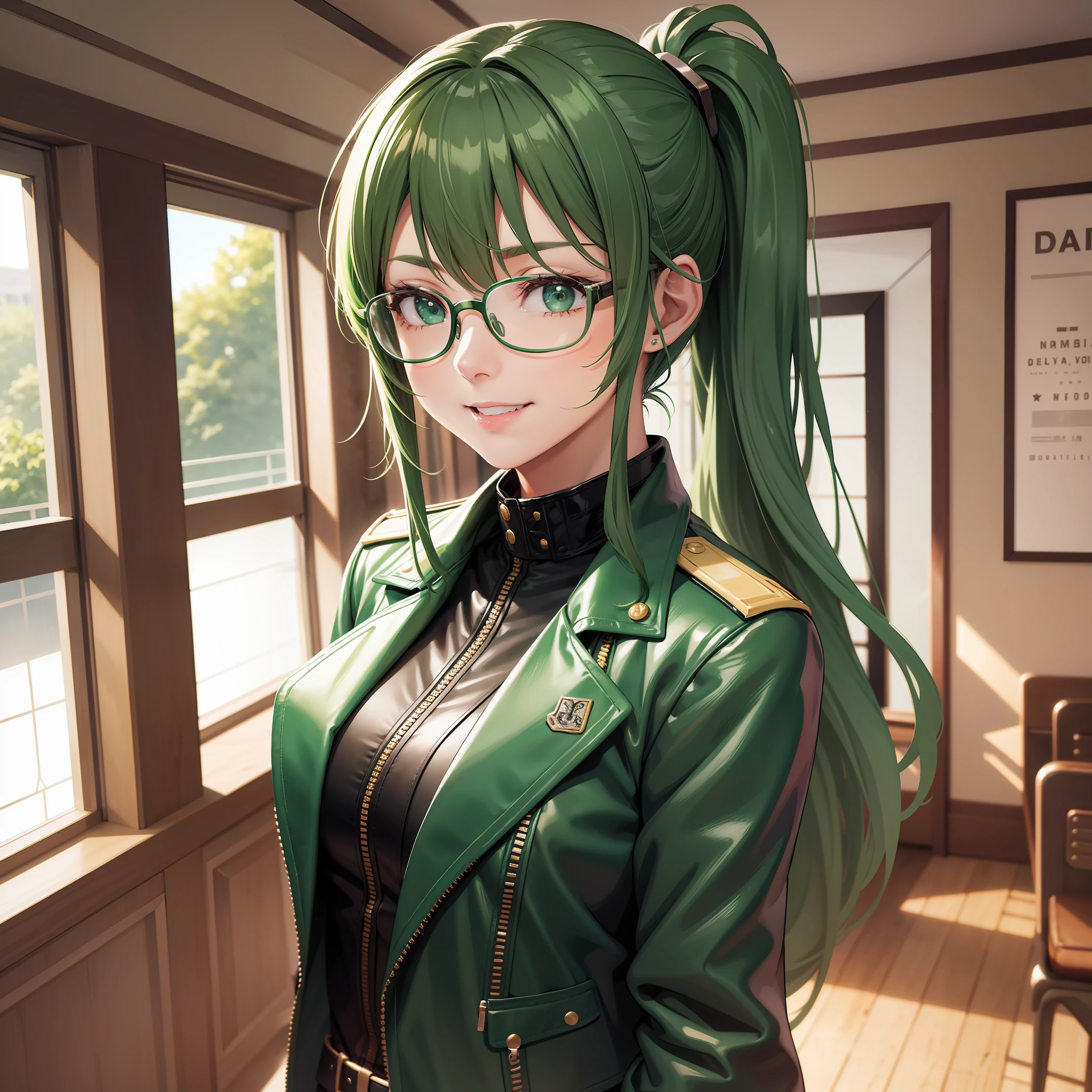 Date Glasses Leather Jacket Girl Green Hair Long Hair Smile Uniform School Ponytail
