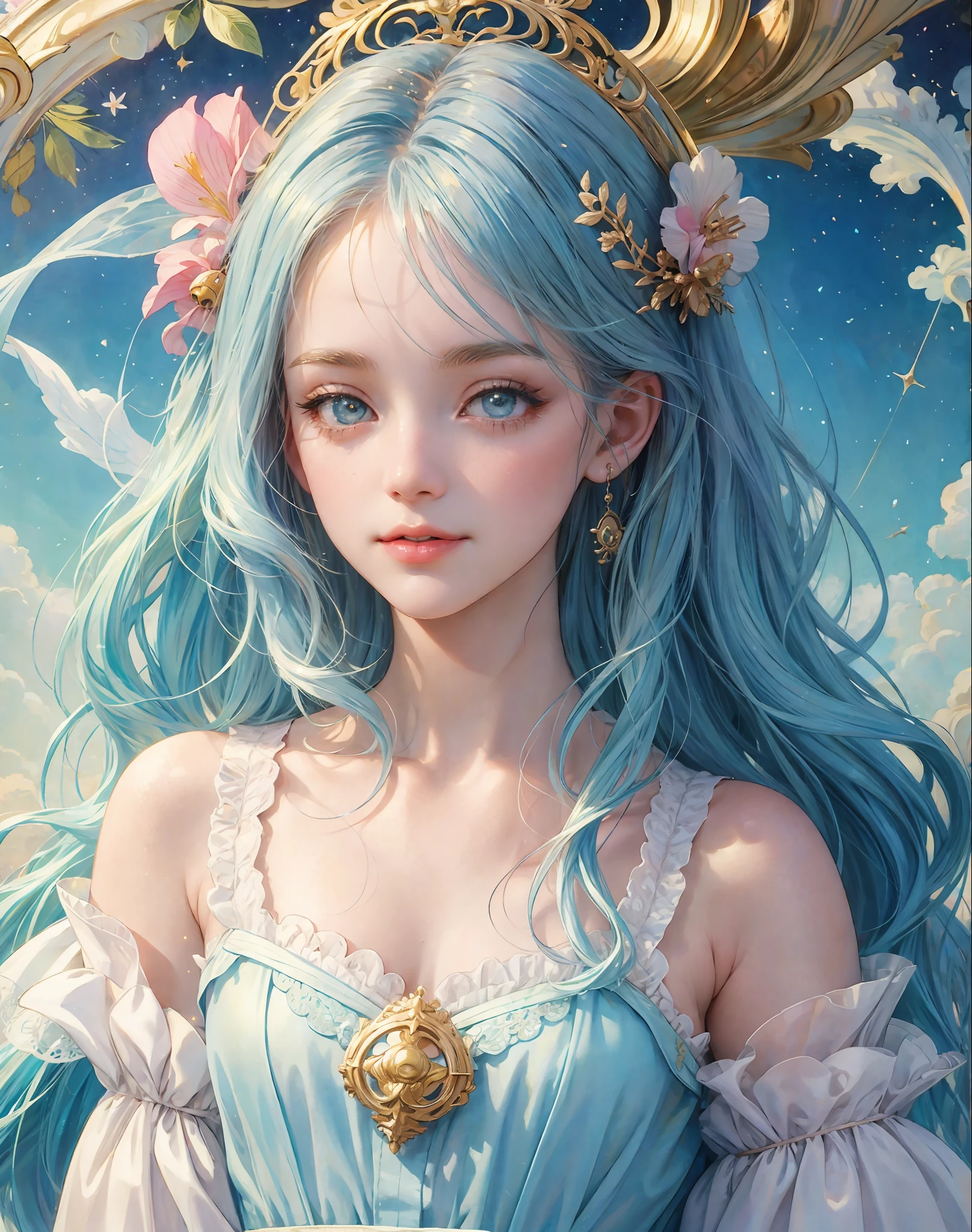 Princess girl with wing, Blue, Pastel, glitter, dramatic, dreamy, pastel, Watercolor, Whimsical, Delicate, seashell crown, Trending on Artstation, Highly detailed, Intricate, Portrait, digital painting, Fantasy theme, Fantasy robes, Fantasy concept art, Fantasy character art, Smug, Teenage girl, perfect body, full body, dreamy, pastel, Watercolor, Whimsical, Delicate, seashell crown, art by loish and lois van baarle, Trending on Artstation, Highly detailed, Intricate, Portrait, digital painting, (Cinematic Photo:1.3) of (Realistic:1.3),(Amusing:1.3) chibi, constellation, (1girl, solo:1.2), (chibi:1.3), eyeliner, eyelashes, looking at viewer, (shiny skin:0.16), (pale skin:0.33), (body blush:0.38), eyes beautiful, anime, realistic, masterpiece, best quality, movie still, cloud girl, floating in the sky, (close-up:1.1), bright, happy, fun, soft lighting,Highly Detailed,(Art Nouveau:1.3),(Baroque Art:1.3),(80s Art:1.3),naturalism,land Art,regionalism,shutterstock contest winner,trending on unsplash,featured on Flickr