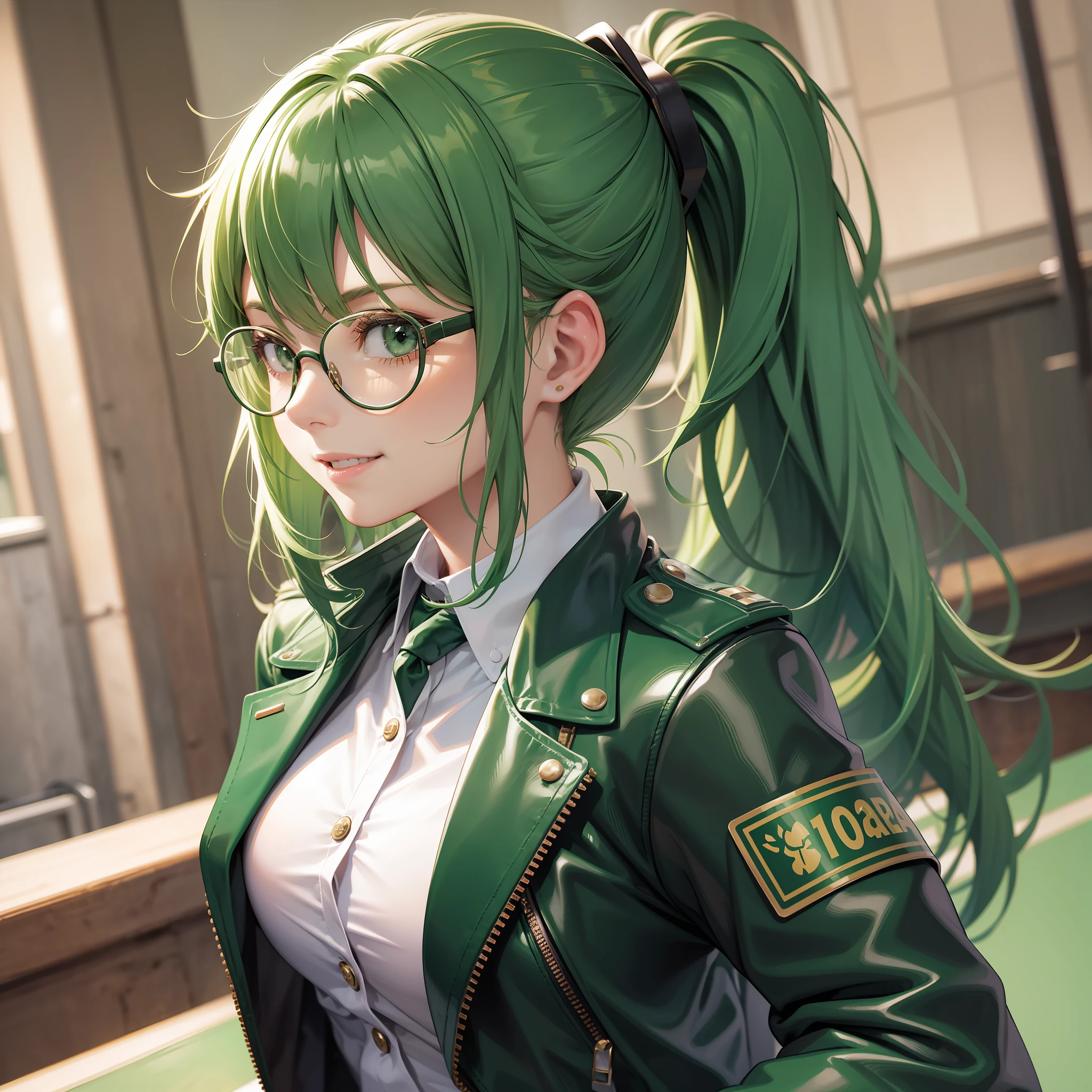 Date Glasses Leather Jacket Girl Green Hair Long Hair Smile Uniform School Ponytail