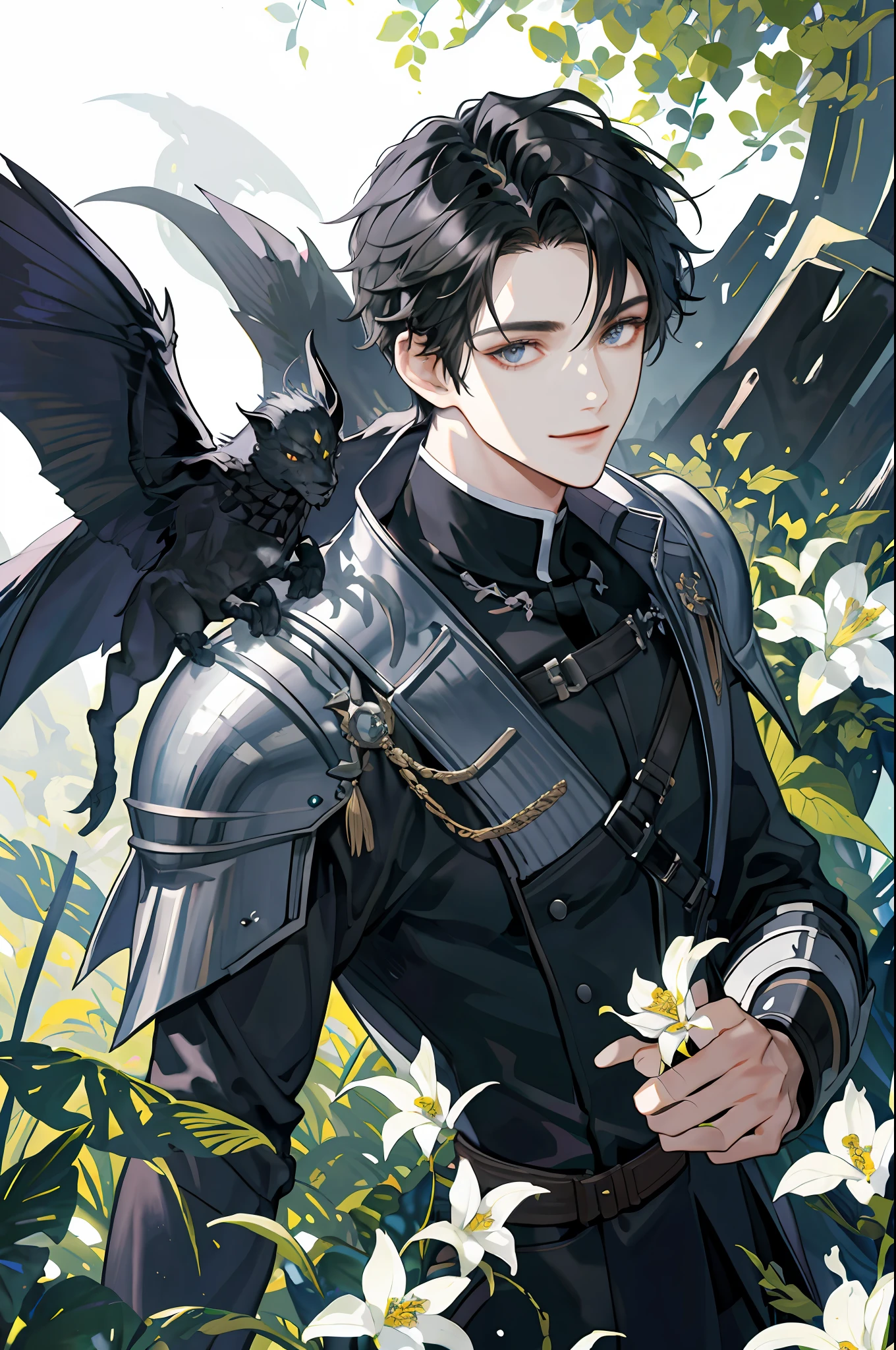 ((Masterpiece: 1.2, best quality)), ((2 men)), nice middle, muscular, valiant, strong, black knight, short black hair, uniform, white robe, scar on right eye, black armor, fantasy, forest, blooming flowers, sunlight, fantastic light and shadow, landscape, highly detailed face, portrait, smile