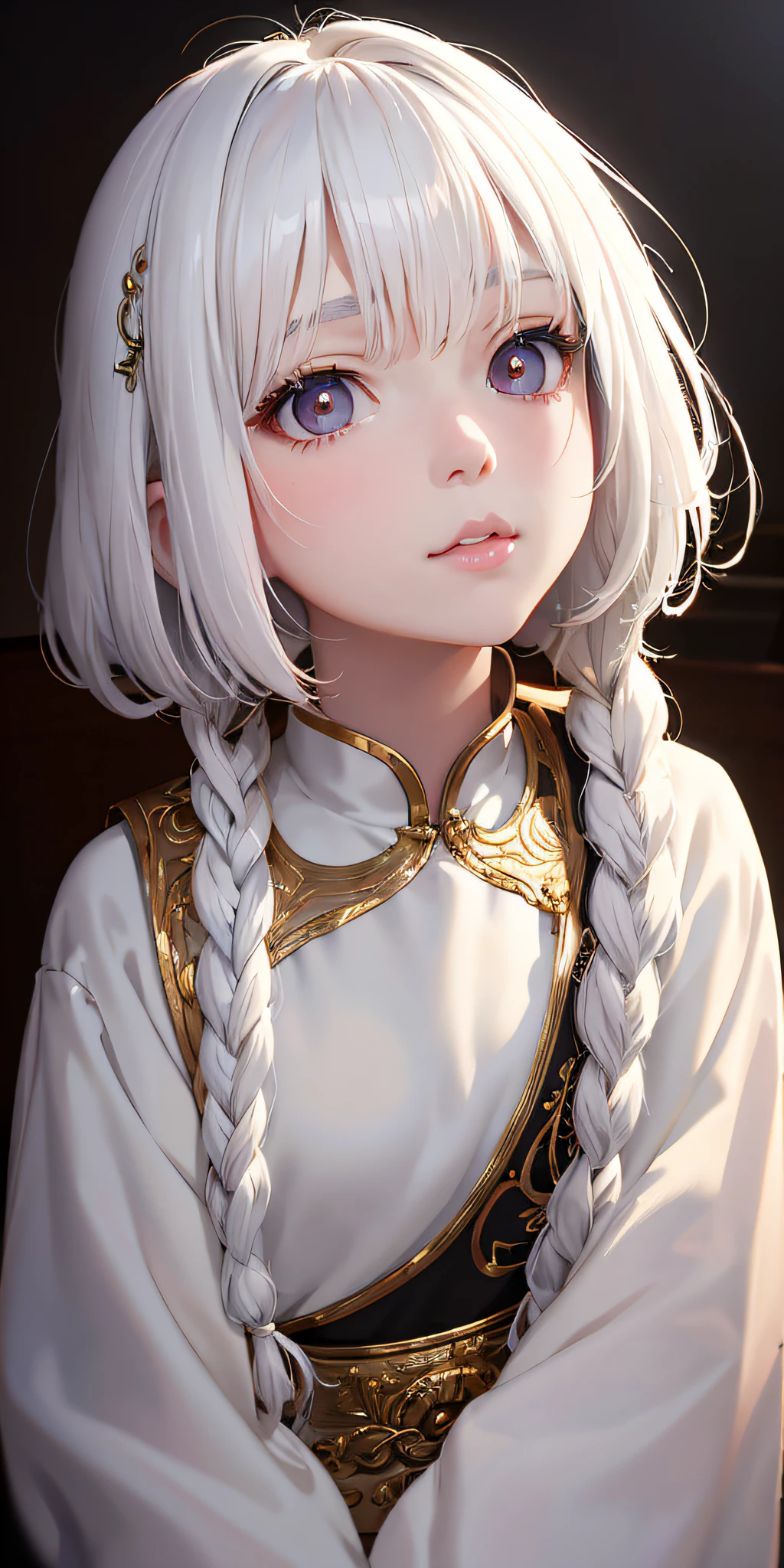 anime girl with white hair and braids sitting in a chair, artwork in the style of guweiz, photorealistic anime girl render, 8k portrait render, guweiz on artstation pixiv, render of a cute 3d anime girl, guweiz on pixiv artstation, guweiz, detailed digital anime art, smooth anime cg art