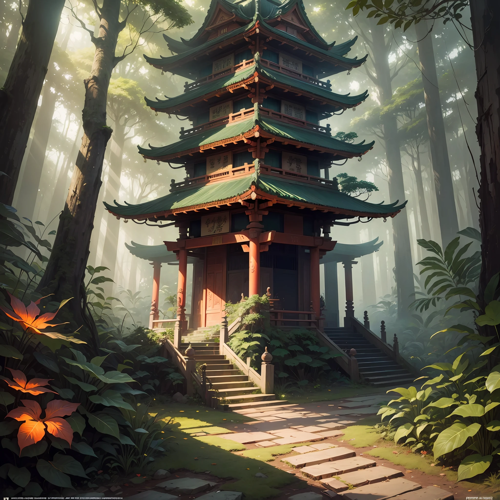 Digital illustration, detailed and intricate, of a dense jungle filled with exotic plants and animals, the sunlight filtering through the canopy to a Buddhist temple and torii. Dark and dirty prism effect.In the style of Yoshitaka Amano and Hayao Miyazaki, masterpiece, proportional, detailed, trending on artstation, beautiful lighting, realistic, intricate, award winning, 4k, highest quality Award-winning, 4K digital painting in the style of Yoshitaka Amano. Detailed and intricate depiction of a zombie apocalypse, masterfully capturing the chaos and drama of the scene. Beautiful lighting and cinematic composition make this piece a true masterpiece, trending on artstation --auto --s2
