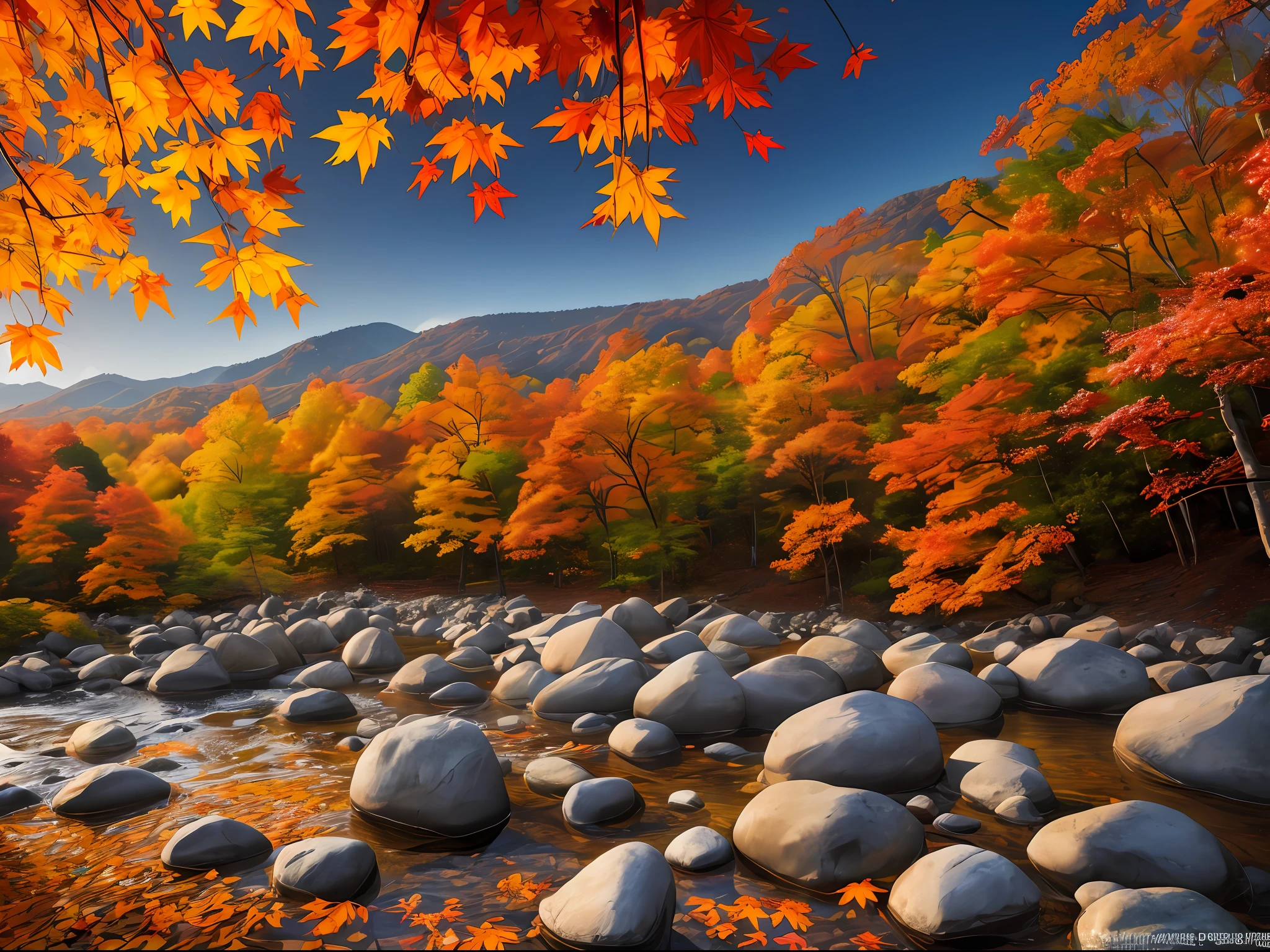 ((highest quality, 8k, masterpiece, photorealism, RAW photo, best quality)), pile of rocks in the middle of the leaves, orange rock, Karuizawa, autumn forest, autumn leaves in the foreground, Japanese maple, autumn tranquility, dramatic autumn landscape, autumn foliage, rocks, maple tree with autumn leaves, autumn colors, impressive composition, ultra-realistic, high definition, realism, realistic photos, professional color correction, Canon EOS 5D Mark Taken with IV --auto --s2