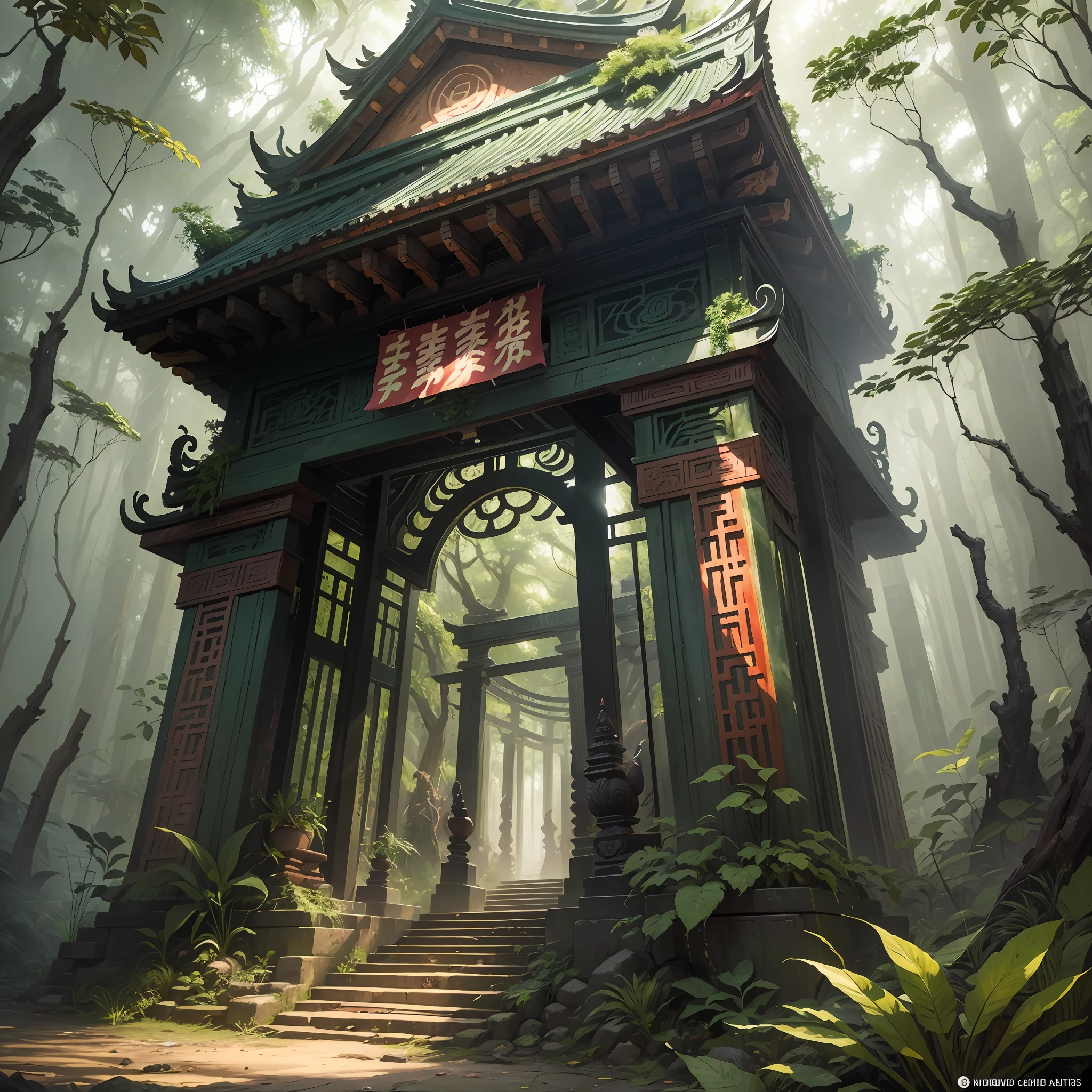 Digital illustration, detailed and intricate, of a dense jungle filled with exotic plants and animals, the sunlight filtering through the canopy to a Buddhist temple and torii. Dark and dirty prism effect.In the style of Yoshitaka Amano and Hayao Miyazaki, masterpiece, proportional, detailed, trending on artstation, beautiful lighting, realistic, intricate, award winning, 4k, highest quality Award-winning, 4K digital painting in the style of Yoshitaka Amano. Detailed and intricate depiction of a zombie apocalypse, masterfully capturing the chaos and drama of the scene. Beautiful lighting and cinematic composition make this piece a true masterpiece, trending on artstation --auto --s2