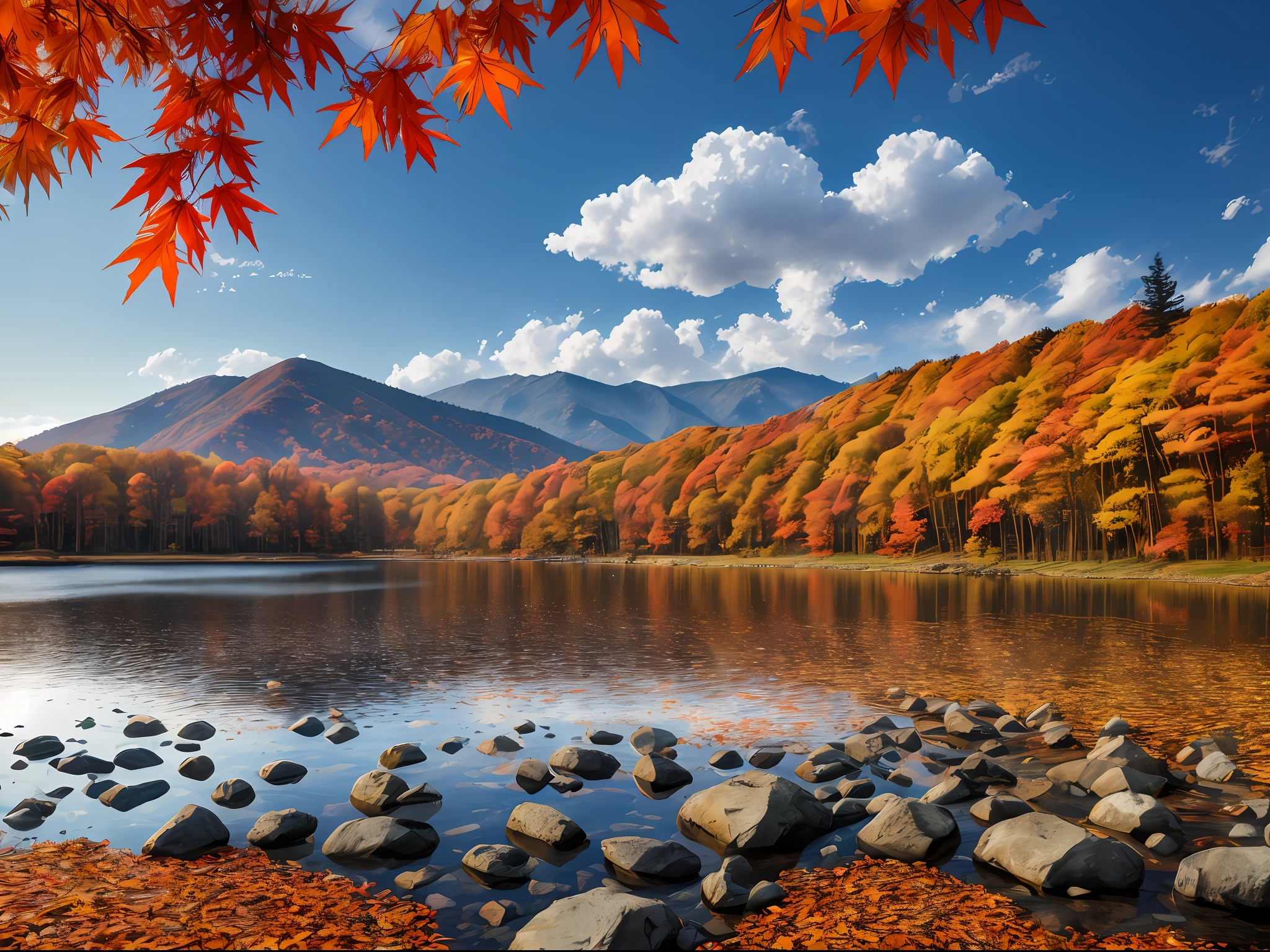 ((highest quality, 8k, masterpiece, photorealism, RAW photo, best quality)), pile of rocks in the middle of the leaves, orange rock, Karuizawa, autumn forest, autumn leaves in the foreground, Japanese maple, autumn tranquility, dramatic autumn landscape, autumn foliage, rocks, maple tree with autumn leaves, autumn colors, impressive composition, ultra-realistic, high definition, realism, realistic photos, professional color correction, Canon EOS 5D Mark Taken with IV --auto --s2