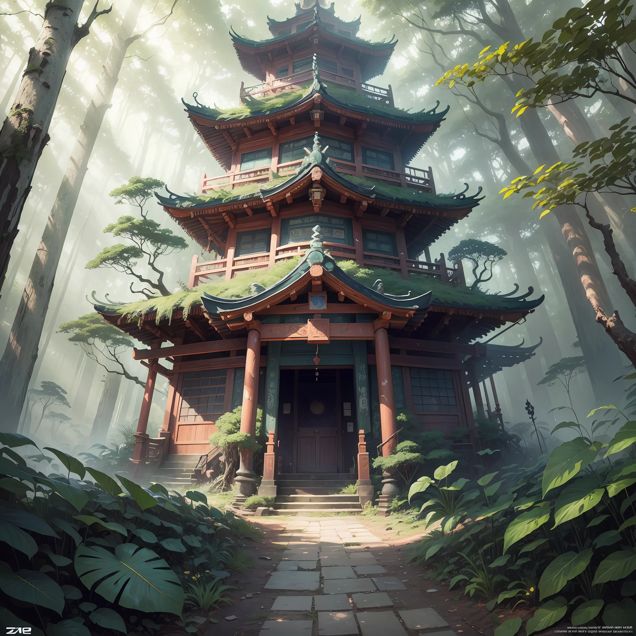 Digital illustration, detailed and intricate, of a dense jungle filled with exotic plants and animals, the sunlight filtering through the canopy to a Buddhist temple and torii. Dark and dirty prism effect.In the style of Yoshitaka Amano and Hayao Miyazaki, masterpiece, proportional, detailed, trending on artstation, beautiful lighting, realistic, intricate, award winning, 4k, highest quality Award-winning, 4K digital painting in the style of Yoshitaka Amano. Detailed and intricate depiction of a zombie apocalypse, masterfully capturing the chaos and drama of the scene. Beautiful lighting and cinematic composition make this piece a true masterpiece, trending on artstation --auto --s2