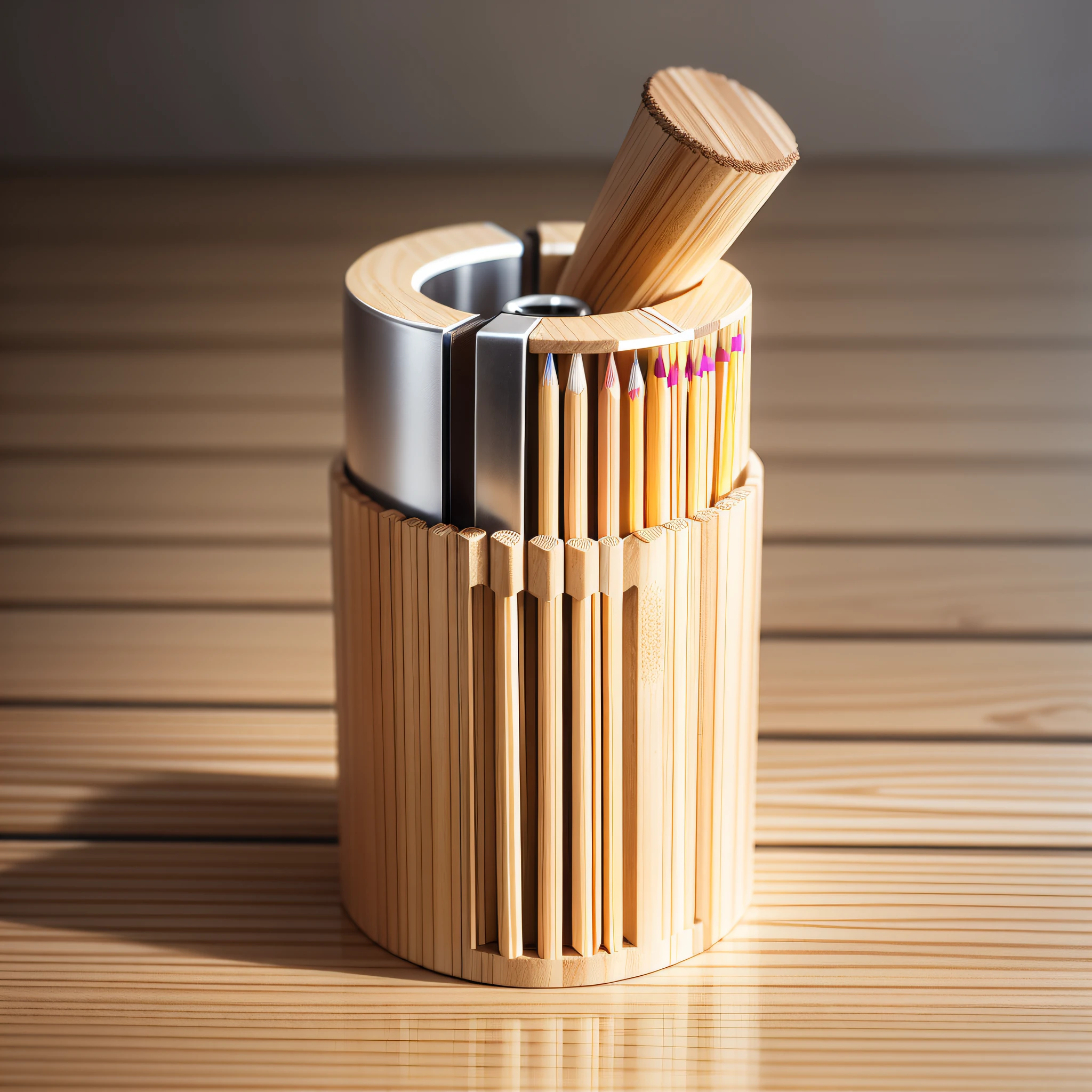 The exterior design of this pencil sharpener is inspired by bamboo, presenting an elegant, natural aesthetic. The bamboo is white all over and has a clear texture, which makes the overall design more textured. The overall shape is cylindrical with rounded curves for easy holding.
Material selection: The whole sharpener body is made of bamboo, which is both durable and environmentally friendly. With a short growth cycle and high regenerative capacity, bamboo is an extremely sustainable material. During the pencil sharpening process, a faint bamboo fragrance is also emitted.
Sharpener design: Concealed design inside the sharpener, built-in two high-quality SK5 steel sharpeners, users only need to insert the pencil into the hole to sharpen the pen. The dual-pole design makes cutting faster and more efficient, while reducing hand pressure on the user.
Safety performance: The top of the sharpener is set with a magnetic suction cap, which buckles the top to avoid accidental exposure of the paring knife, thus ensuring safety during use. When changing the sharpener, it can be carried out by a simple rotary operation, which is convenient and safe.
Pen chipping collection: Pencil chips generated during sharpening are collected in a transparent container at the bottom, allowing users to view the accumulation of sharpening chips at any time. The container is made of environmentally friendly and non-toxic PET material and is equipped with a magnetic switch for easy disassembly and cleaning.
Add functionality: Equip a mini stationery expansion slot on the sharpener that can be used to expand function modules such as magnetic combinations or table stands. This will allow the sharpener to meet the needs of sharpening pencils while also giving up more practical stationery.
Gifts and sustainability: This bamboo pencil sharpener is not only practical, but also fully conveys the concept of environmental protection, making it a great business gift. At the same time, we encourage consumers to recycle pencil shavings after use, so that the concept of environmental protection can be deeply rooted in people's hearts.