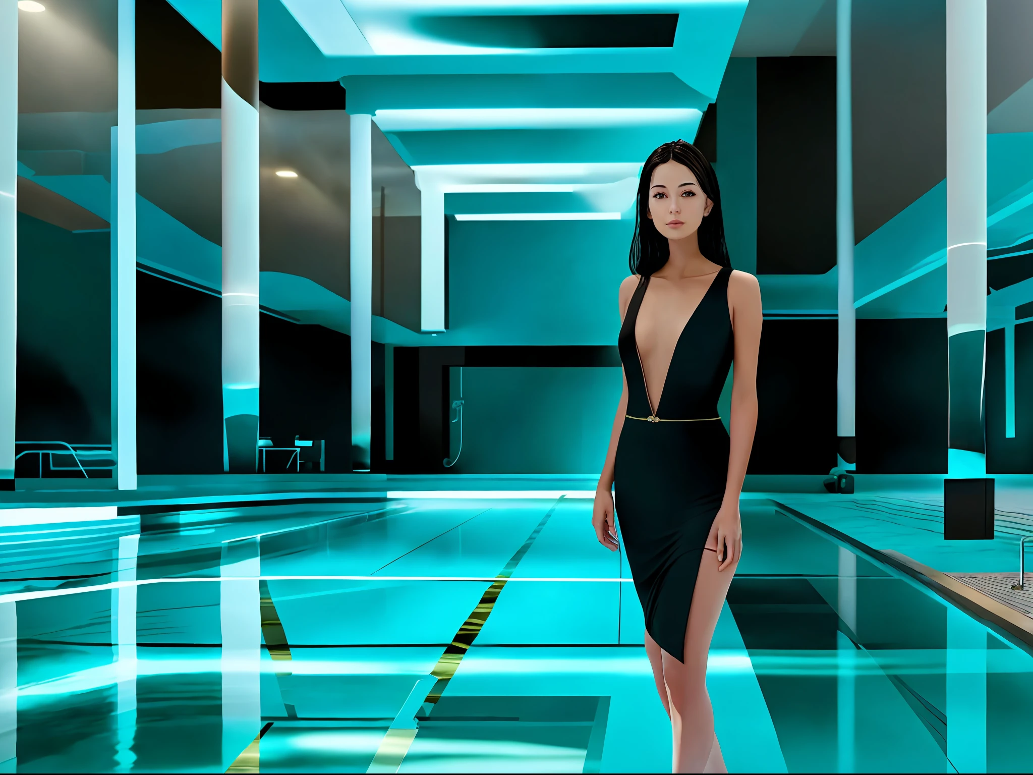 there is a woman in a black dress standing in a pool, in a luxurious pool, swim suite, wellness pool, in style of 3d render, in a swimming pool, dreampool rooms, small wellness relaxation pool, stuning 3 d render, poolside, pool, swimming pool, next to a pool, swimmingpool, high-end onsen
