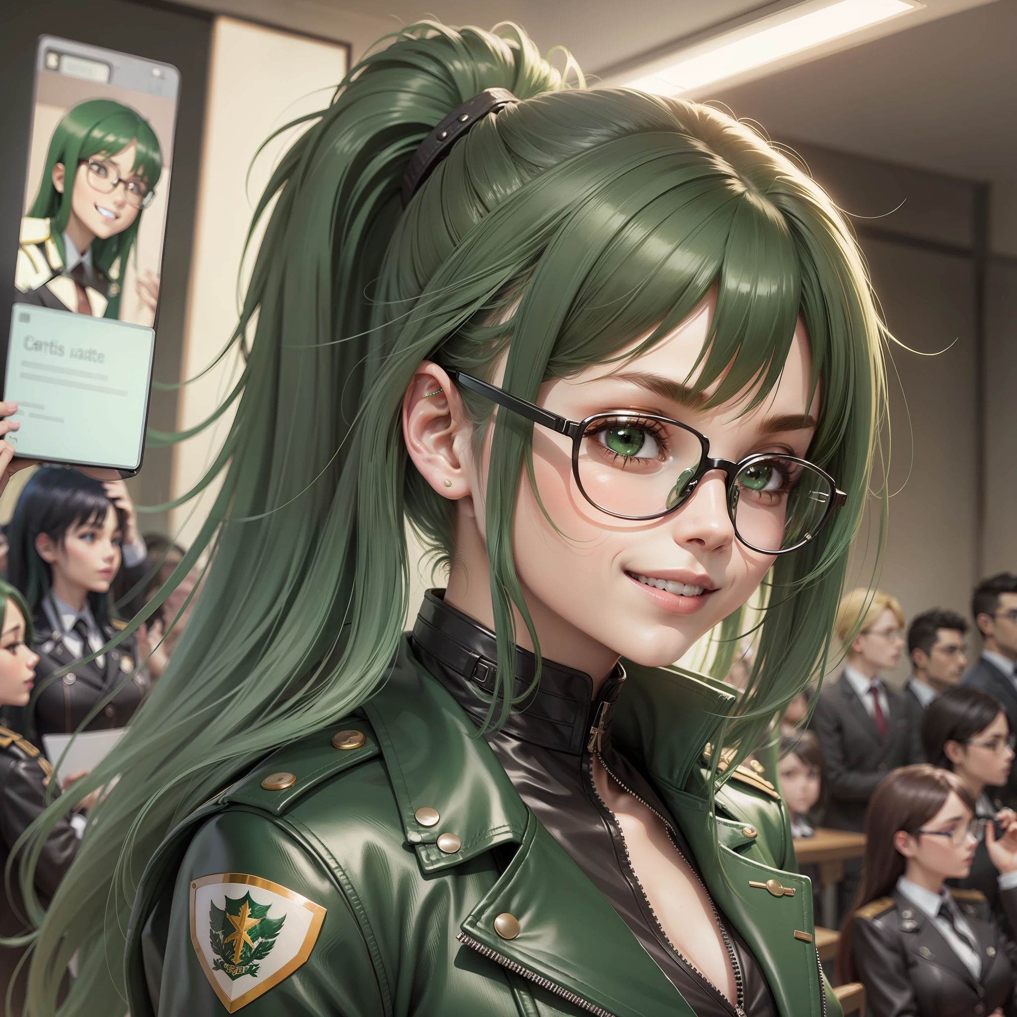 Date Glasses Leather Jacket Girl Green Hair Long Hair Smile Uniform School Ponytail