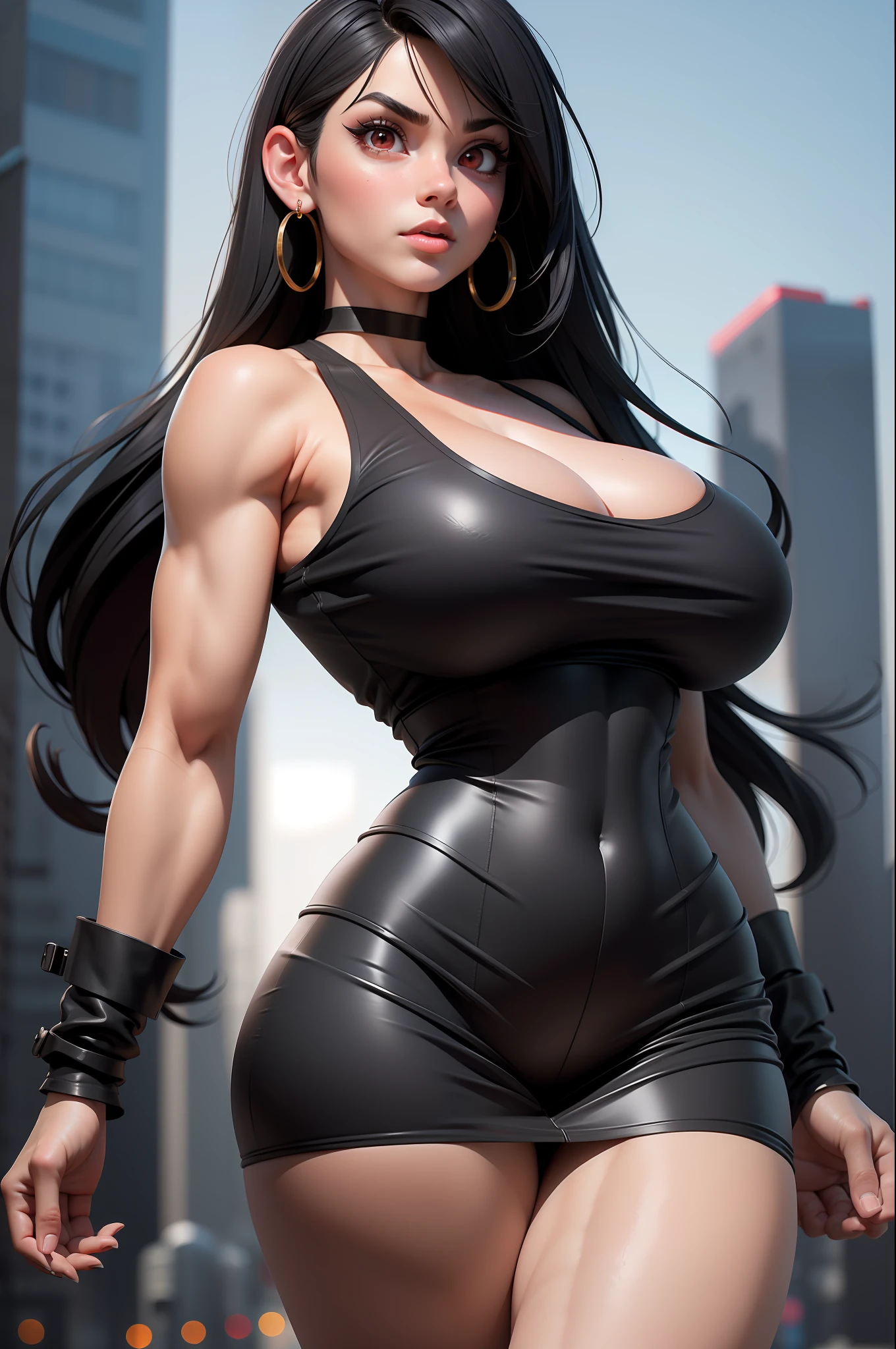 masterpiece, best quality,3d rending work ,3DMM style,close-up, 3D,1girl, solo, black hair, teardropshaped earrings, looking to the side, realistic, upper body, urban city background, bangs, looking away, long straight black hair, parted lips, choker, makeup, mole, (white tank top:1.3), red eyes, tifa lockhart, (huge breasts:1.5) enormous droopy breasts, macromastia, cleavage, exposed stomach, toned abs, toned arms, black miniskirt
