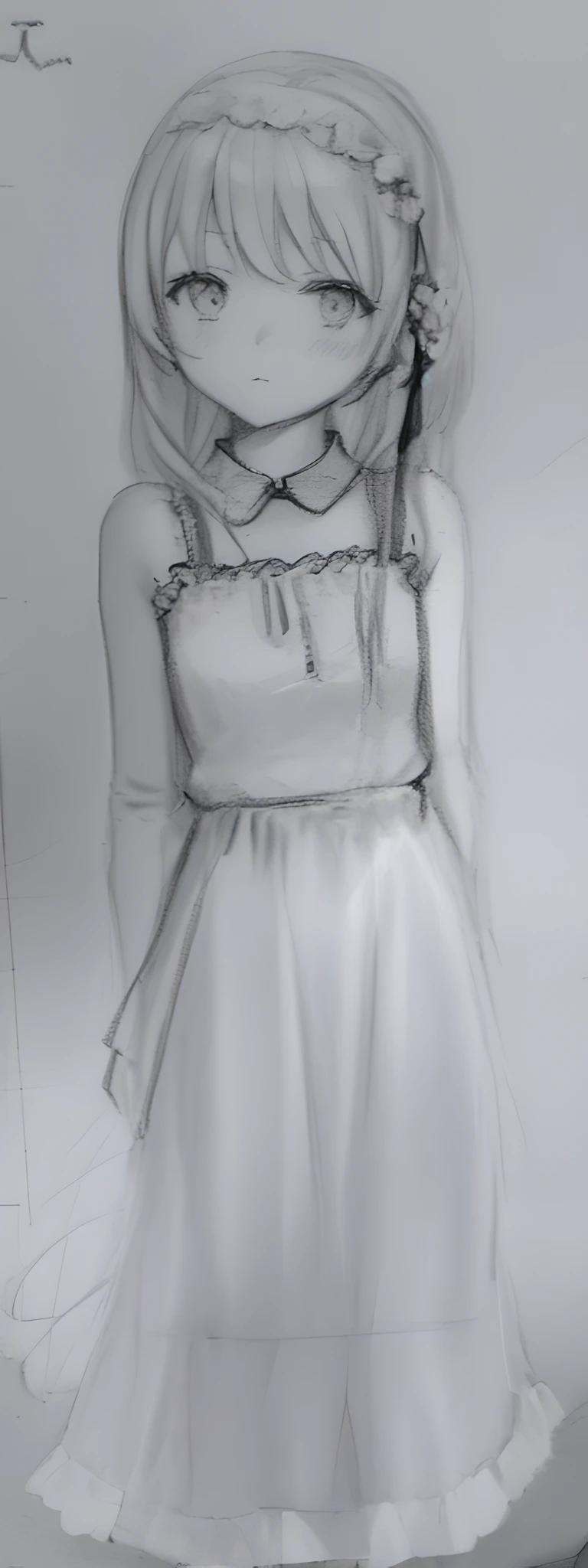 Draw a girl in a dress in pencil on a piece of paper, loose pencil sketch, rough sketch, line clear sketch, full-body portrait of shorts! , rough charcoal sketch, faded sketch, loli in dress, silhouette sketch, pencil sketch, clear costume design, old sketch, girl sketch, full body drawing, detailed but rough, detailed clothes and face --auto --s2
