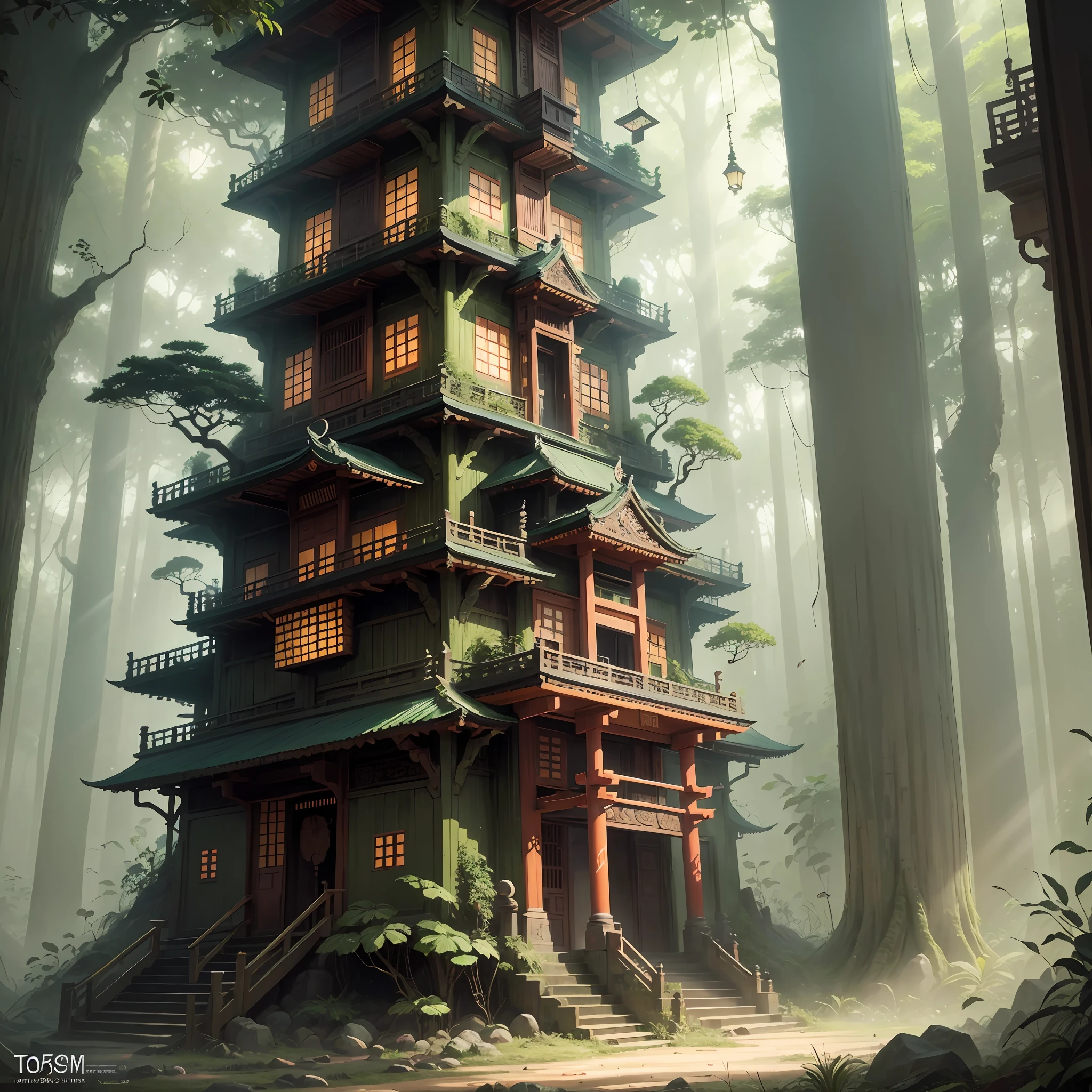 Digital illustration, detailed and intricate, of a dense jungle filled with exotic plants and animals, the sunlight filtering through the canopy to a Buddhist temple and torii. Dark and dirty prism effect.In the style of Yoshitaka Amano and Hayao Miyazaki, masterpiece, proportional, detailed, trending on artstation, beautiful lighting, realistic, intricate, award winning, 4k, highest quality Award-winning, 4K digital painting in the style of Yoshitaka Amano. Detailed and intricate depiction of a zombie apocalypse, masterfully capturing the chaos and drama of the scene. Beautiful lighting and cinematic composition make this piece a true masterpiece, trending on artstation --auto --s2