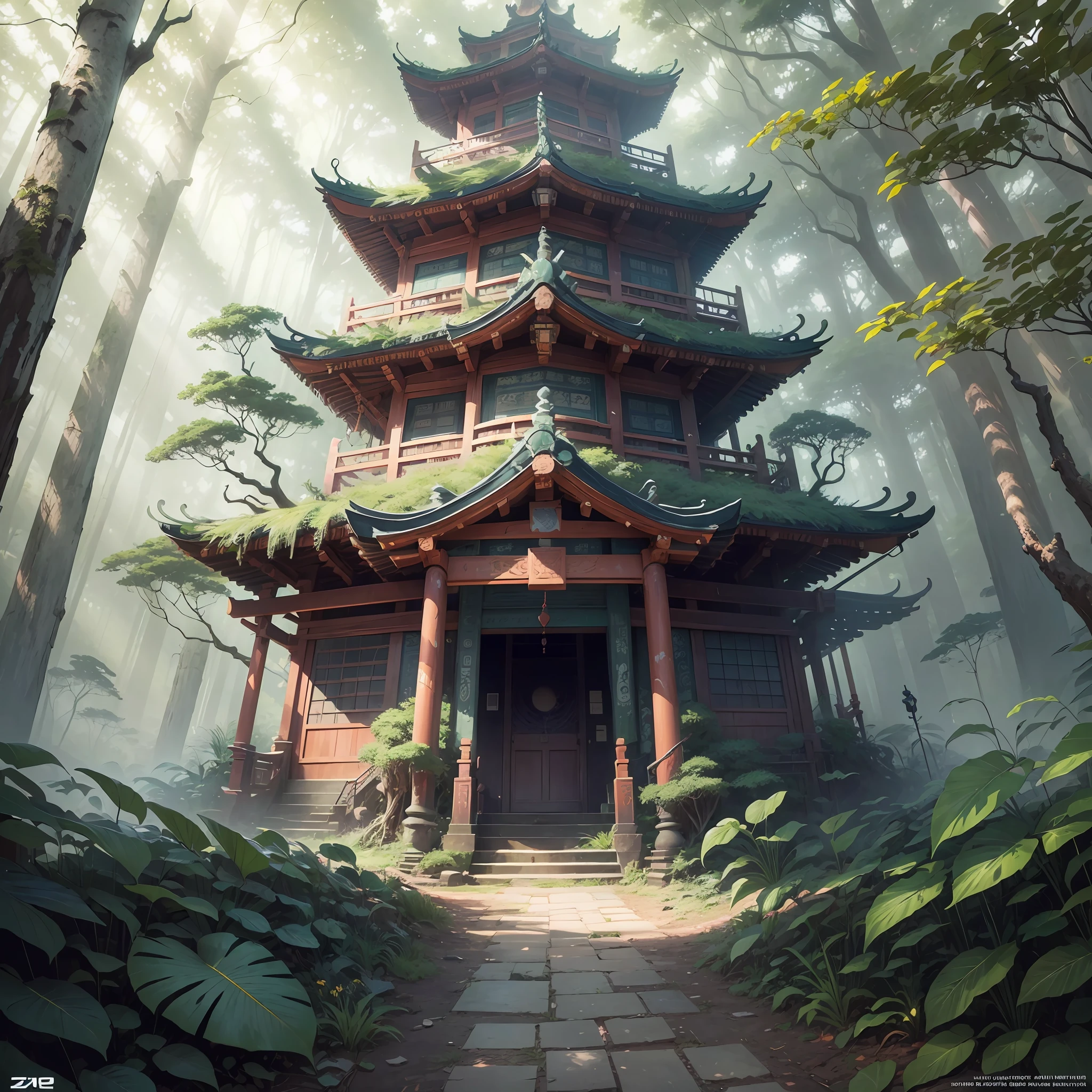 Digital illustration, detailed and intricate, of a dense jungle filled with exotic plants and animals, the sunlight filtering through the canopy to a Buddhist temple and torii. Dark and dirty prism effect.In the style of Yoshitaka Amano and Hayao Miyazaki, masterpiece, proportional, detailed, trending on artstation, beautiful lighting, realistic, intricate, award winning, 4k, highest quality Award-winning, 4K digital painting in the style of Yoshitaka Amano. Detailed and intricate depiction of a zombie apocalypse, masterfully capturing the chaos and drama of the scene. Beautiful lighting and cinematic composition make this piece a true masterpiece, trending on artstation --auto --s2