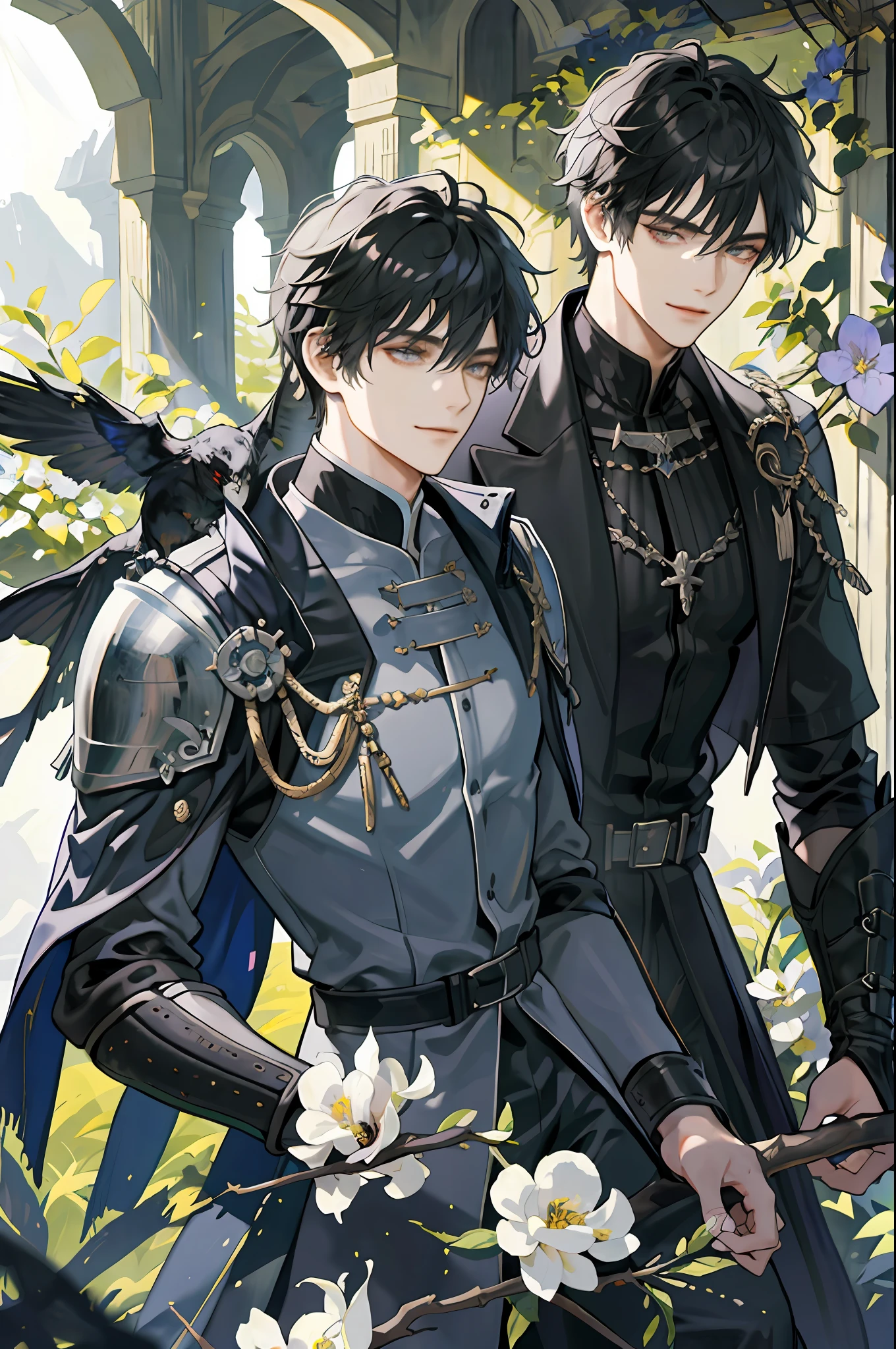 ((Masterpiece: 1.2, best quality)), 2 men, old man, nice middle, muscular, valiant, strong, black knight, short black hair, uniform, white robe, scar on right eye, black armor, fantasy, forest, blooming flowers, sunlight, fantastic light and shadow, landscape, highly detailed face, portrait, smile