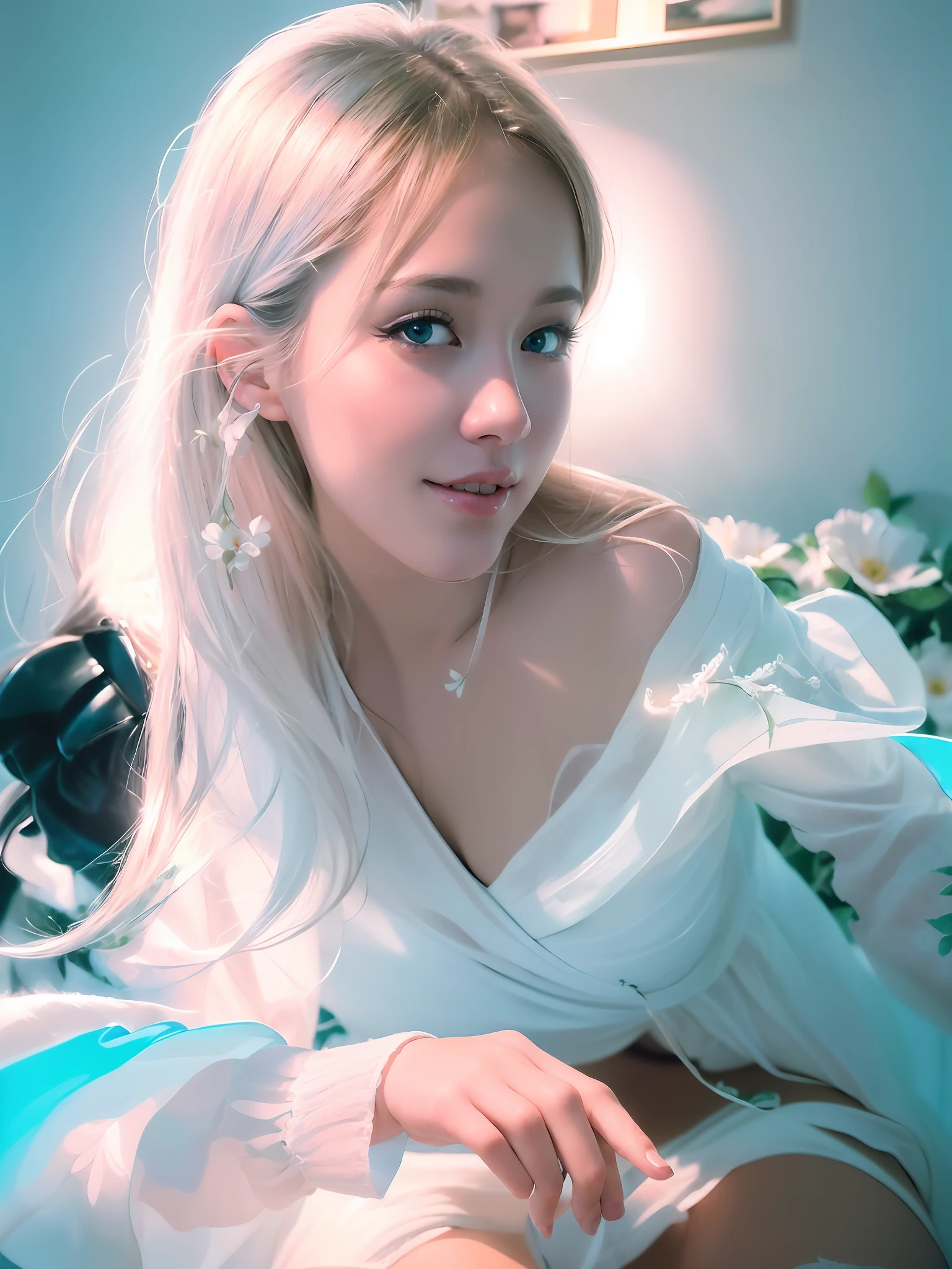 (hyperrealistic), (illustration), (high resolution), (8K), (extremely detailed), (best illustration), (beautiful detailed eyes), (best quality), (ultra detailed), (masterpiece), (wallpaper), (detailed face), solo, (dynamic pose), white dress, off-the-shoulder, blooming flower field, glowing skin, light smile, (no panties), (no bra), half