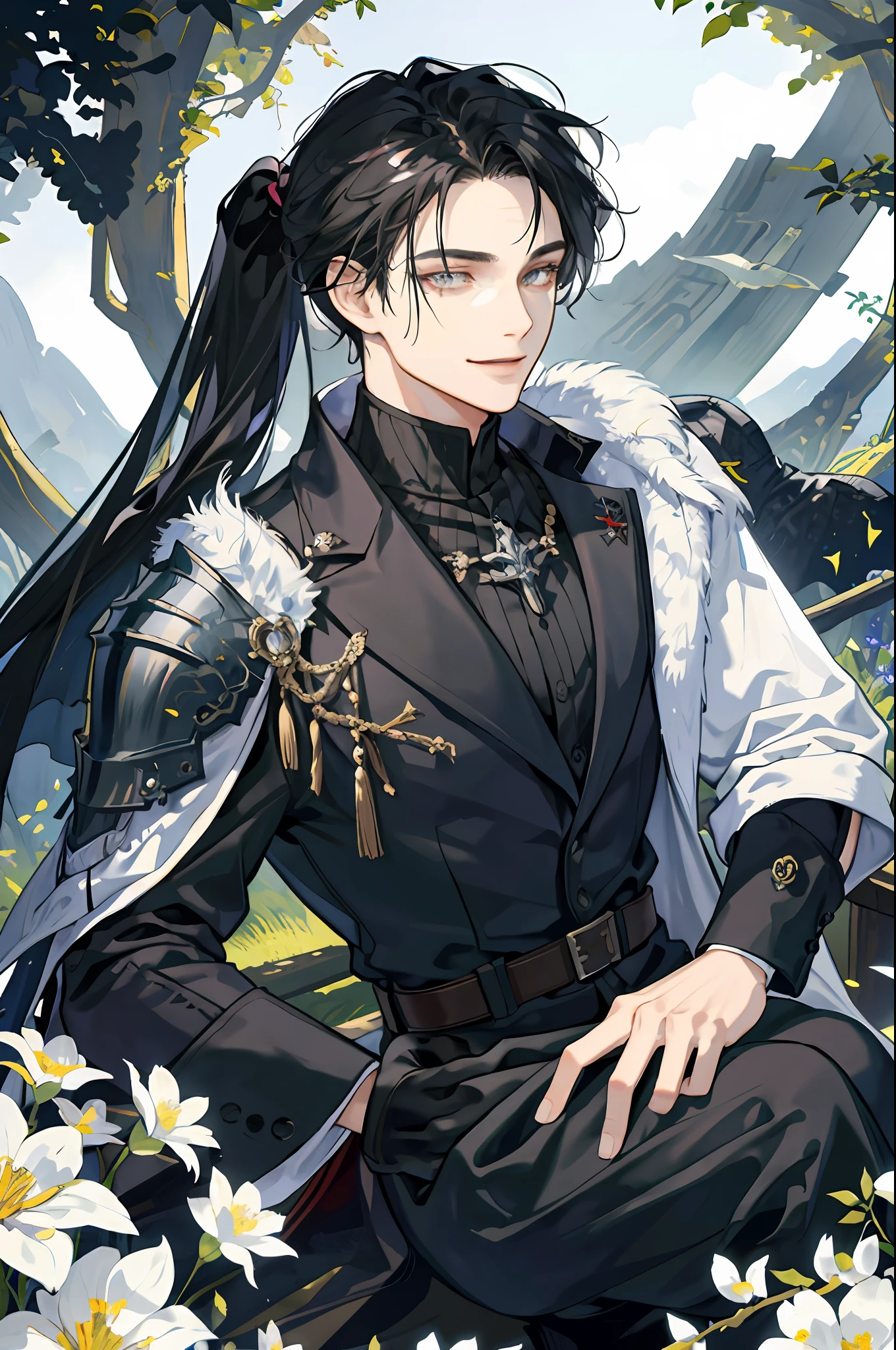 ((Masterpiece: 1.2, best quality)), 2 men, old man, nice middle, muscular, valiant, strong, black knight, short black hair, uniform, white robe, scar on right eye, black armor, fantasy, forest, blooming flowers, sunlight, fantastic light and shadow, landscape, highly detailed face, portrait, smile