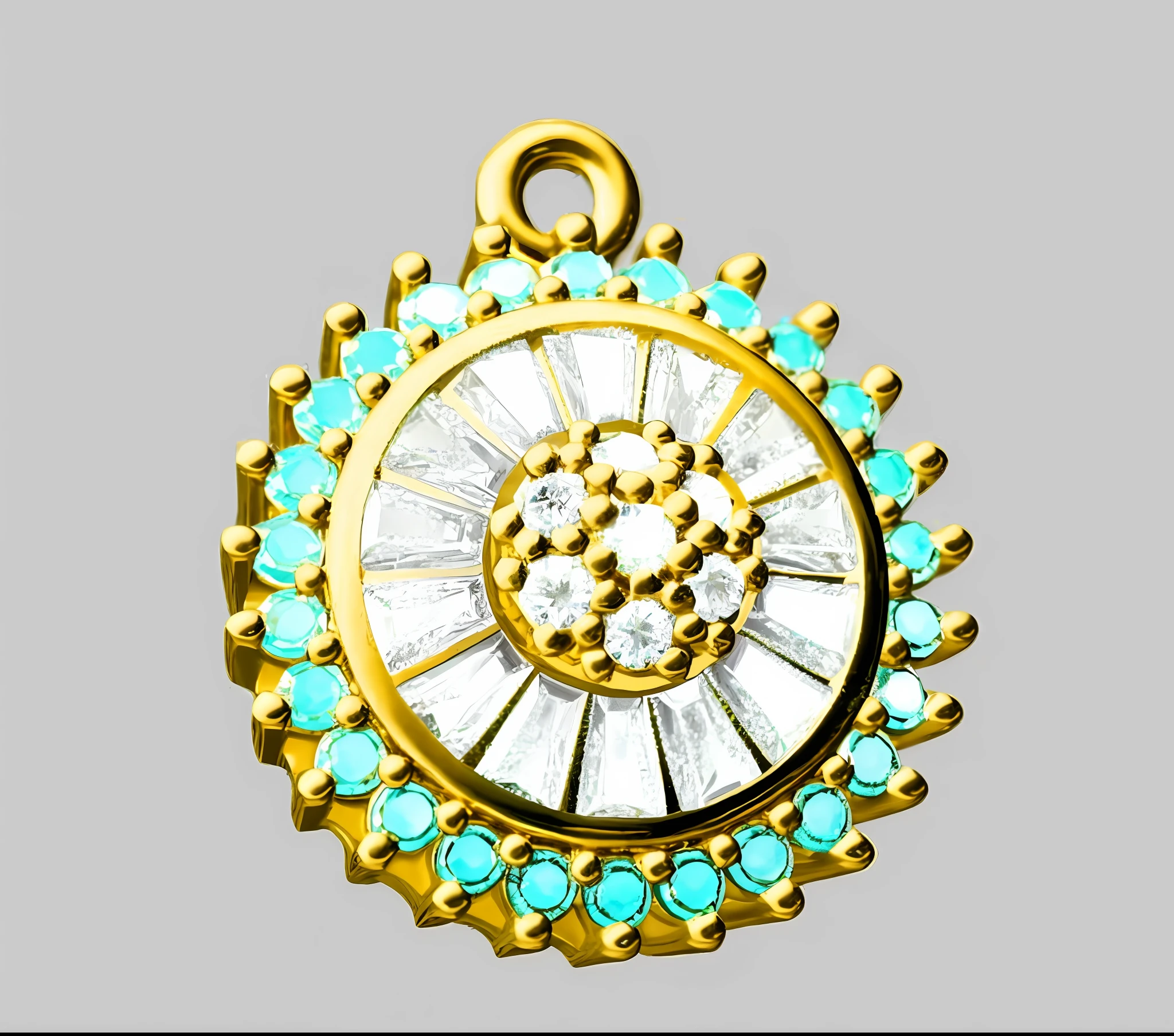 Close up of gold and green gemstone pendant, pendant, with necklace strap on real person, detailed jewelry, emerald, gold gorgeous jewelry, gold plated, pendant, detail, 16K 3D, jewelry decoration, detailed jewelry, super detailed 16k, earring design, earrings. Highly detailed, real objects