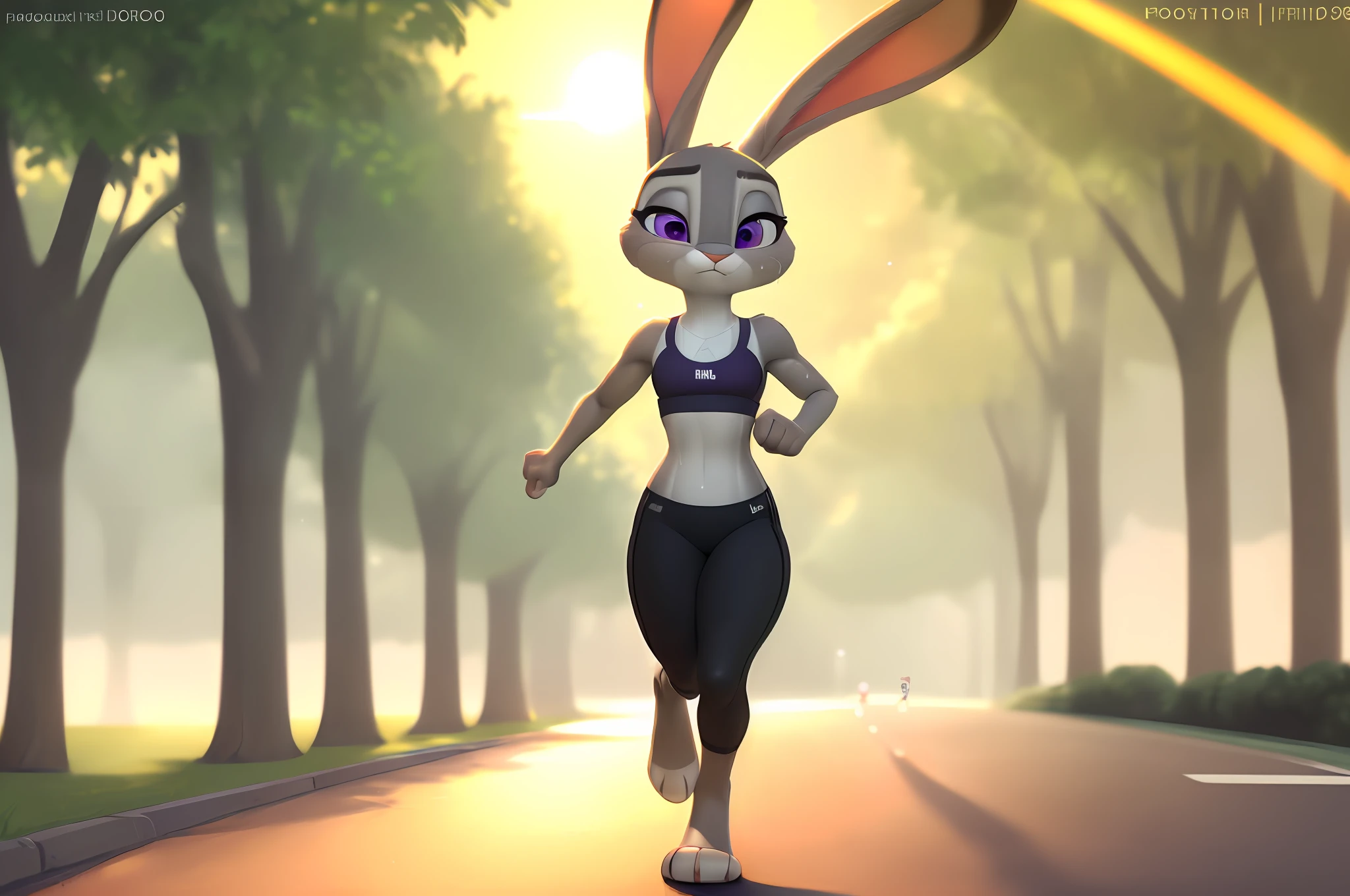 [JudyHopps], [Uploaded to e621.net; (Pixelsketcher), (wamudraws), (siroc)], ((masterpiece)), ((solo portrait)), ((1girl)), ((full body)), ((1girls)), ((raw photo)), ((furry; anthro)), ((detailed fur)), ((raytracing)), ((detailed shading)), ((beautiful 3D art)), ((ambient lighting)), {anthro rabbit; (grey fur, black nose, 2 multicolored rabbit ears), cute purple eyes, tired, (lavender sports bra, black yoga pants, small boobs, beautiful legs), (beautiful feet; 4 toes)}, ((jogging on sidewalk; sweating) attractive pose), [background; (park; (sunrise, bright sun, green trees, sun rays through trees]